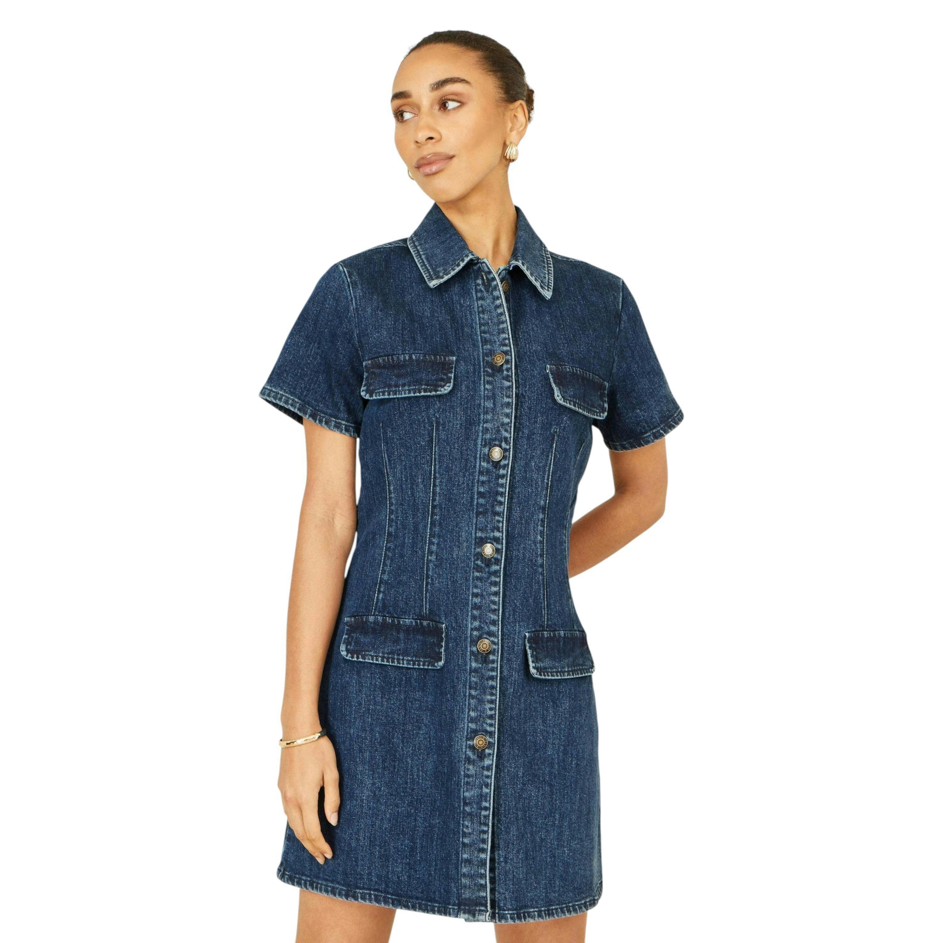 Yumi Blue Denim Stretch Shirt Dress With Pocket Details , view 1 of 6