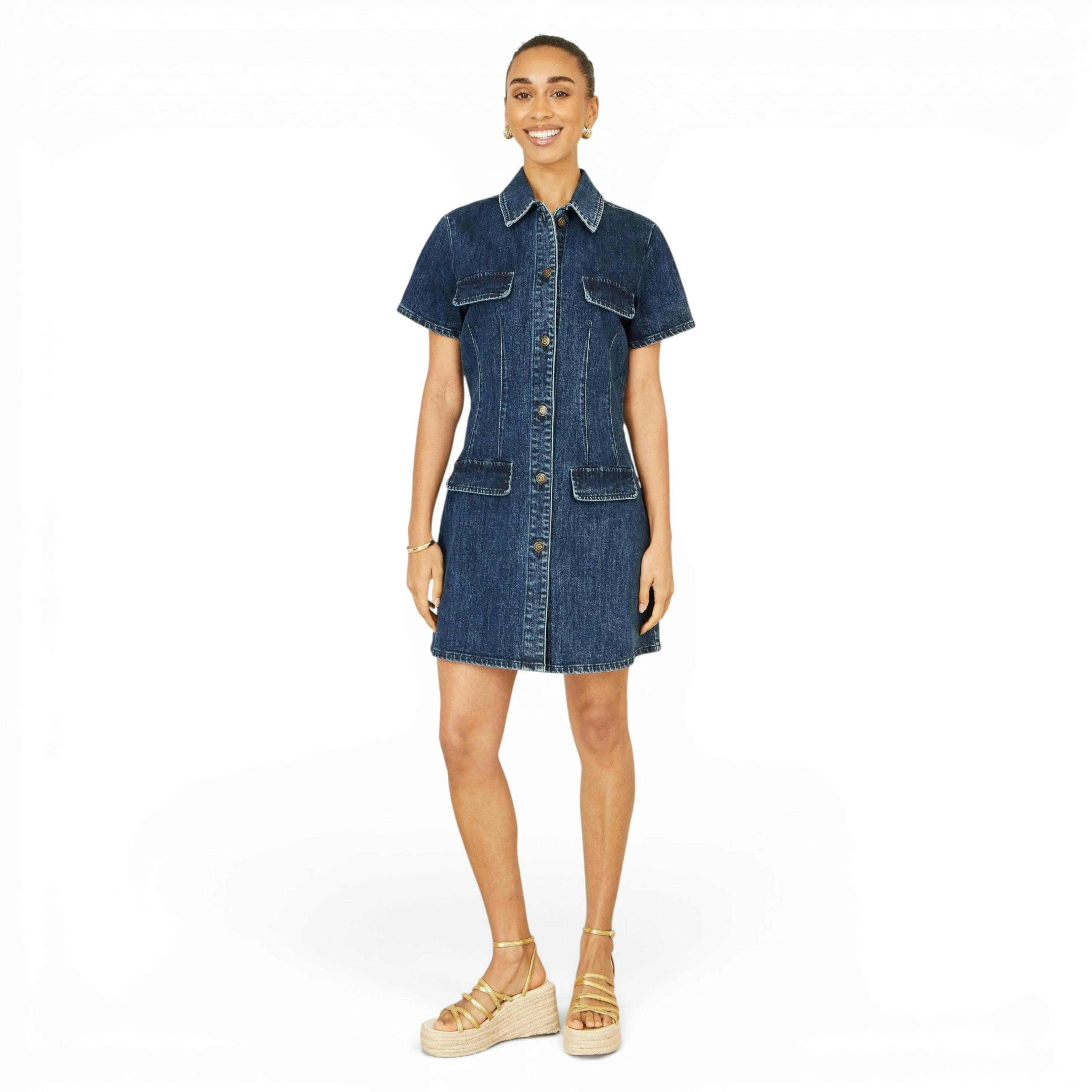 Yumi Blue Denim Stretch Shirt Dress With Pocket Details , view 2 of 6