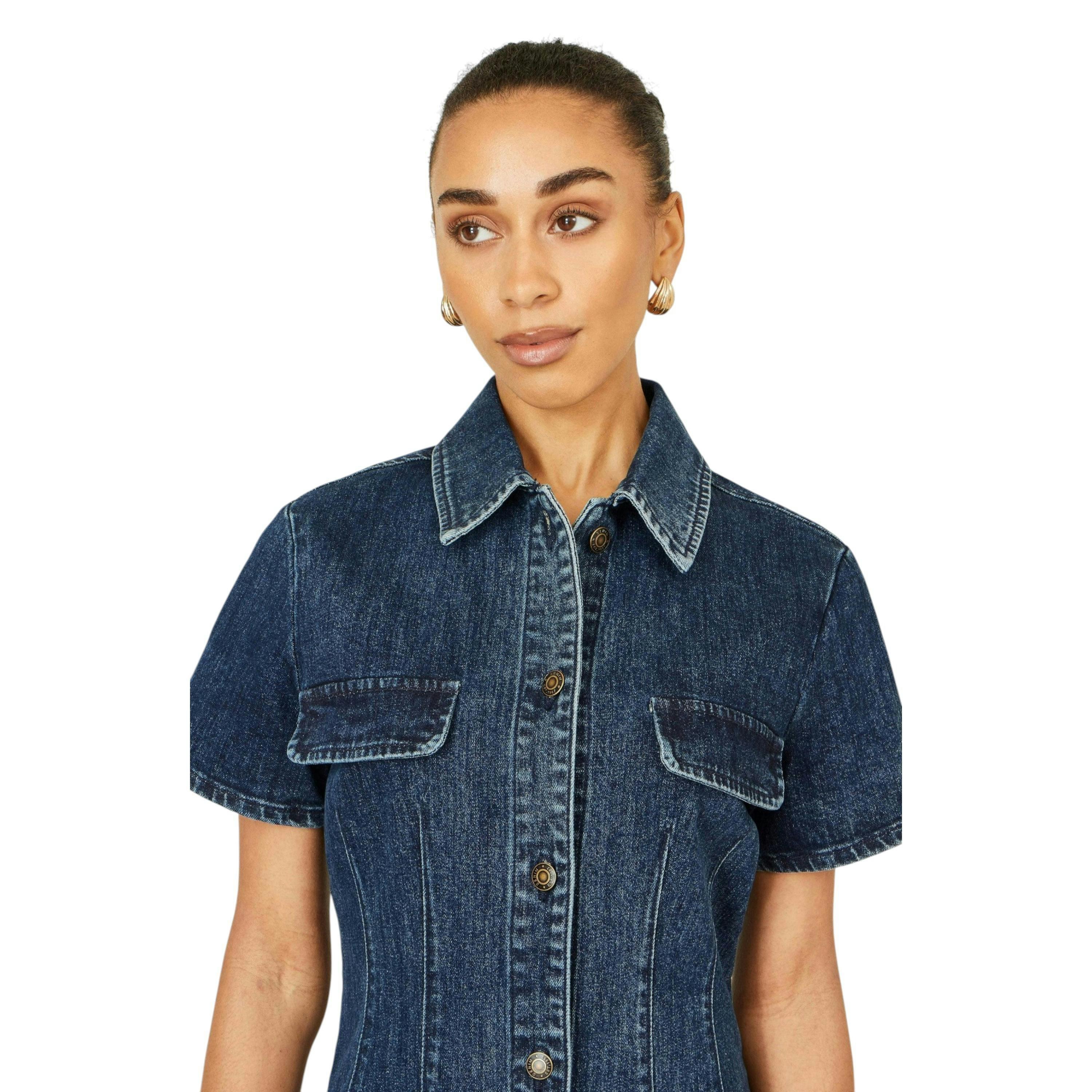 Yumi Blue Denim Stretch Shirt Dress With Pocket Details , view 3 of 6