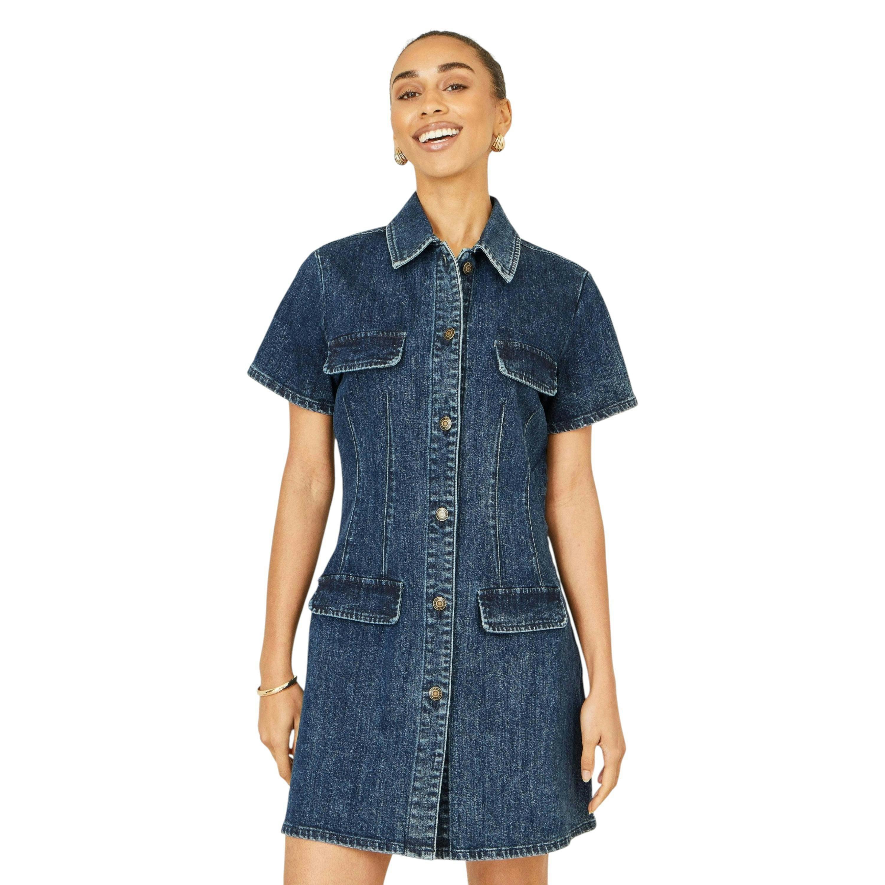 Yumi Blue Denim Stretch Shirt Dress With Pocket Details , view 4 of 6