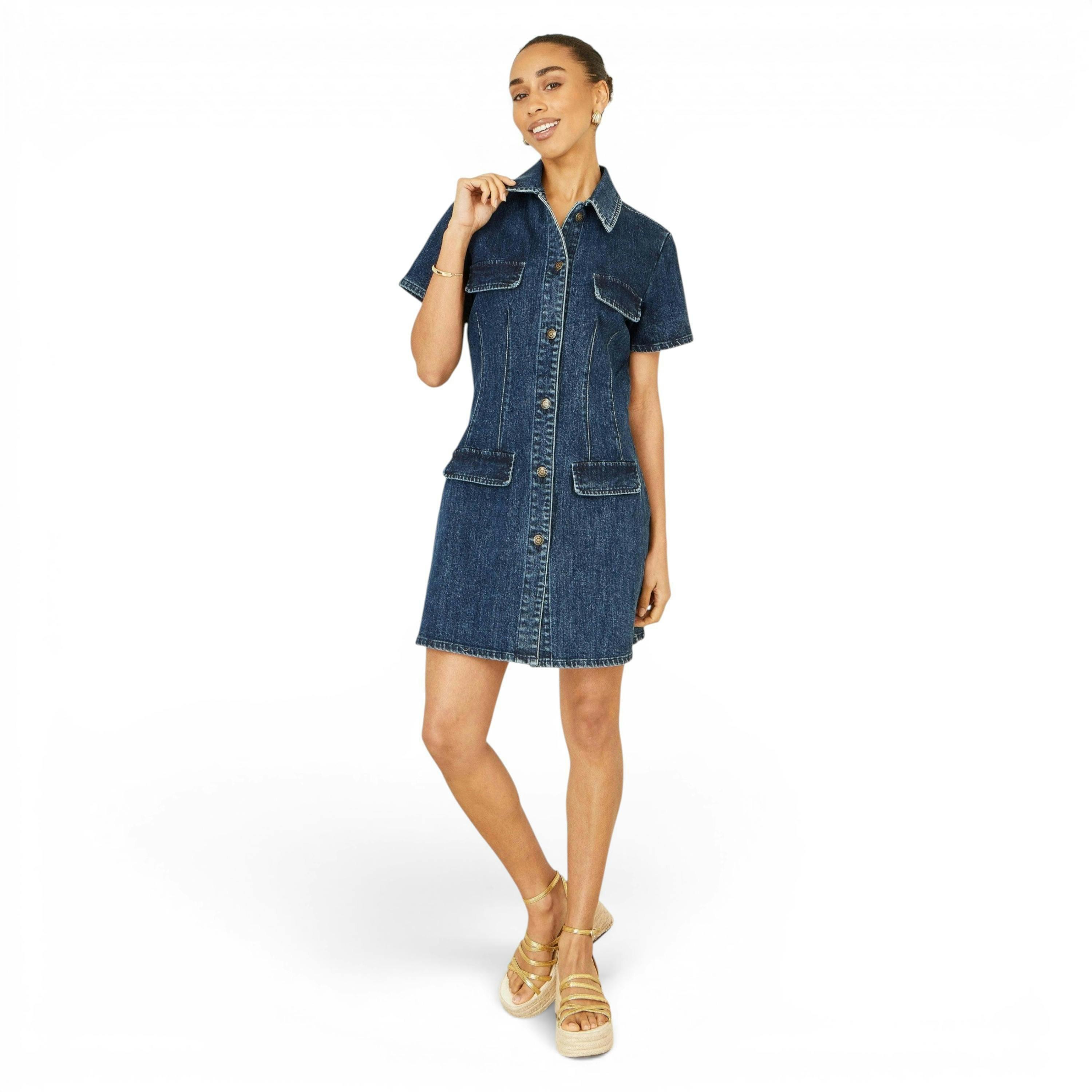 Yumi Blue Denim Stretch Shirt Dress With Pocket Details , view 5 of 6