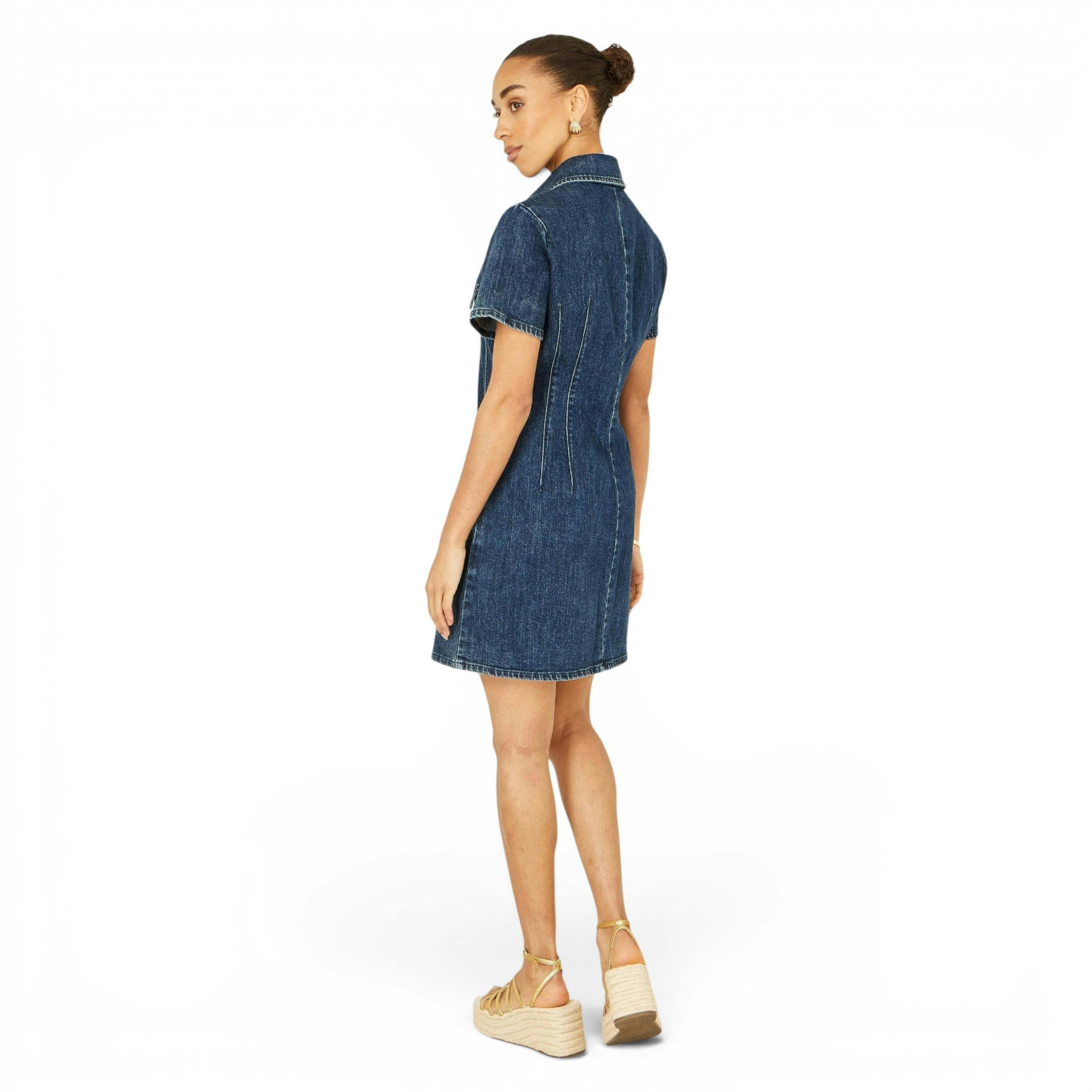 Yumi Blue Denim Stretch Shirt Dress With Pocket Details , view 6 of 6