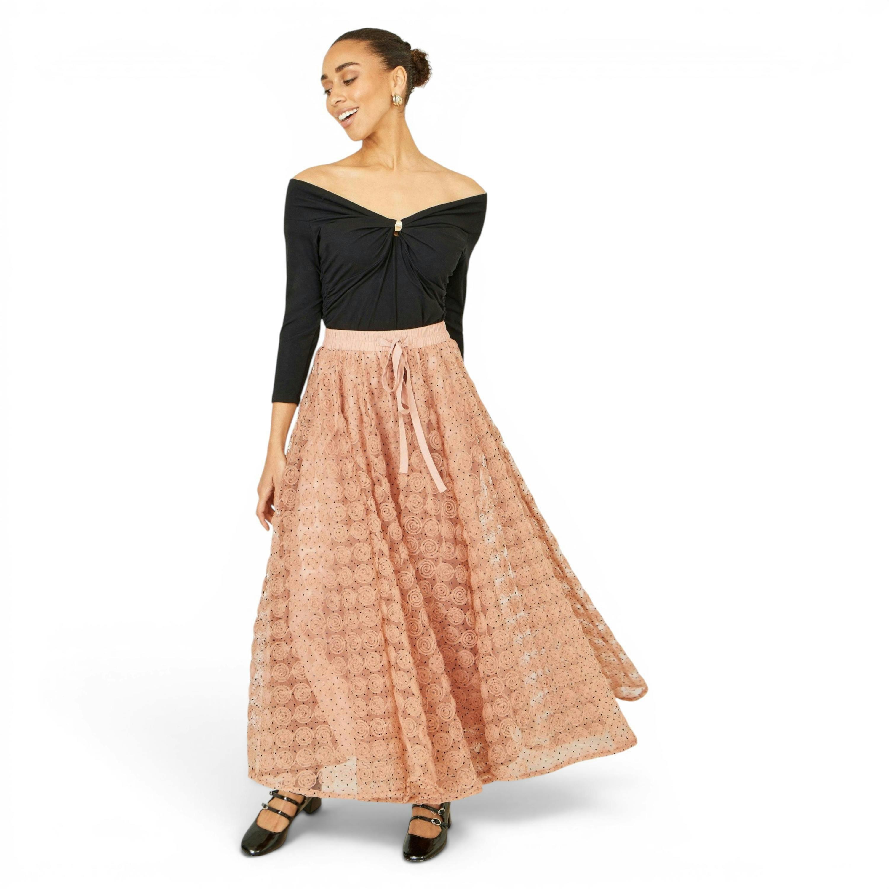 Yumi Blush Pink Spot And Rose Tulle Skirt , view 1 of 5