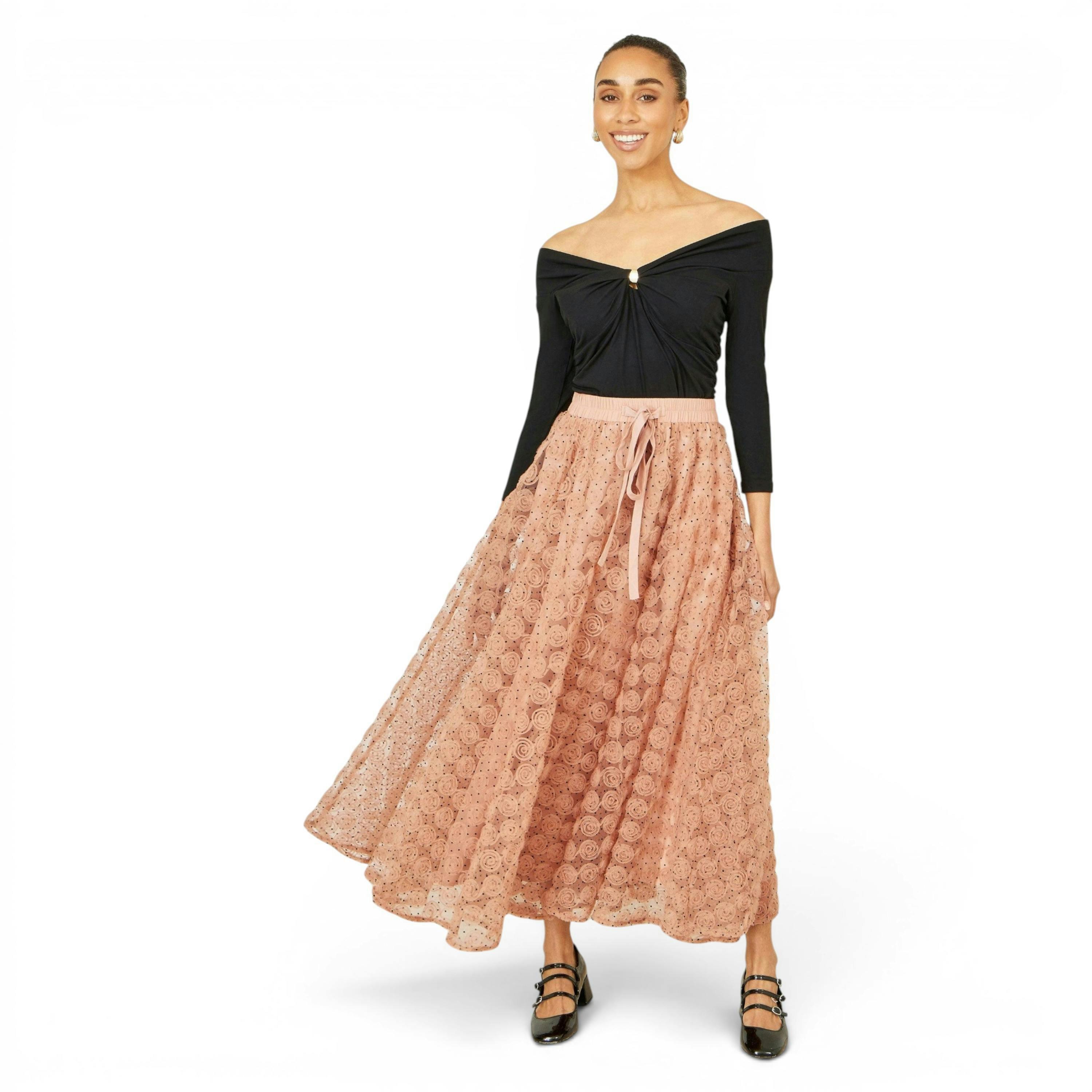 Yumi Blush Pink Spot And Rose Tulle Skirt , view 2 of 5