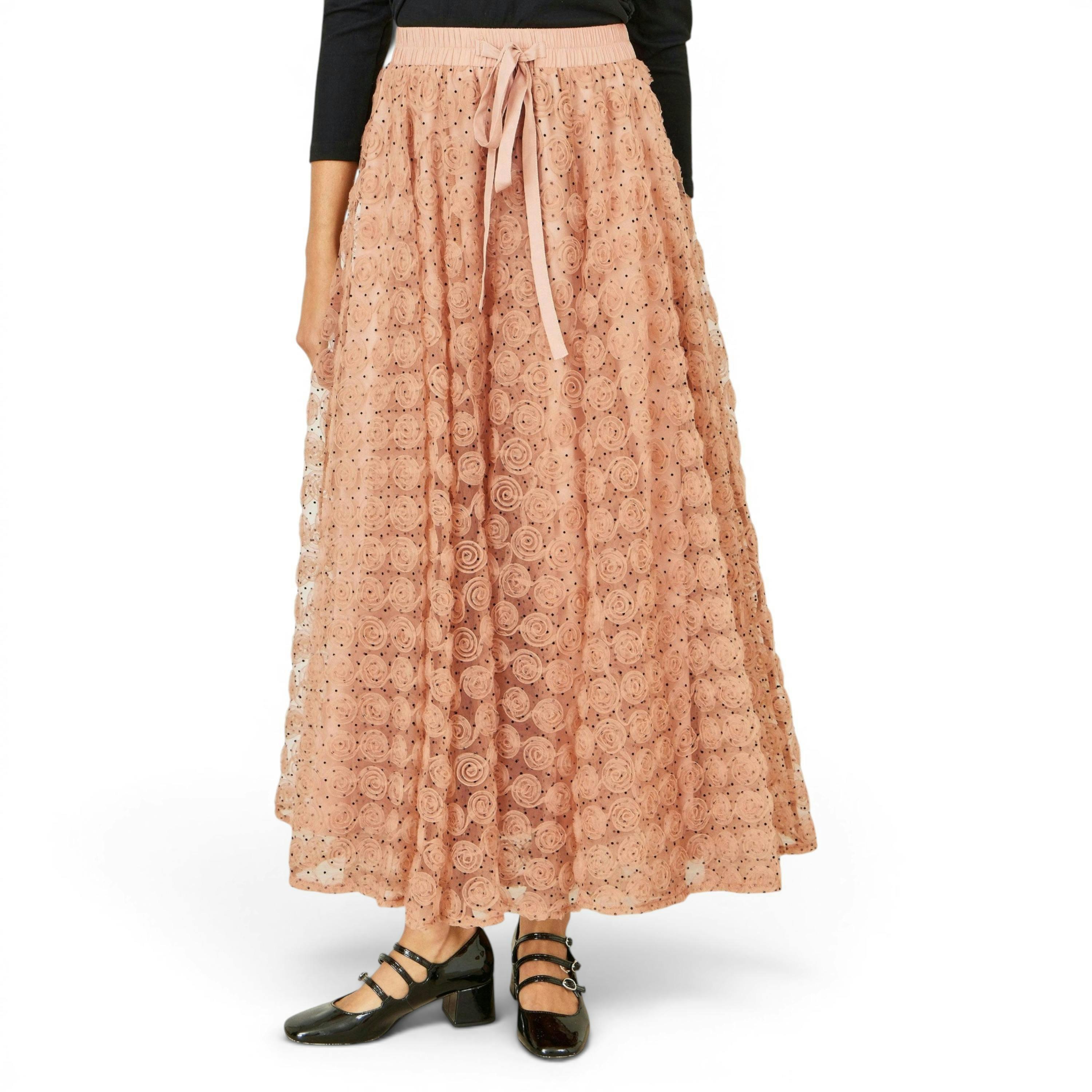 Yumi Blush Pink Spot And Rose Tulle Skirt , view 3 of 5