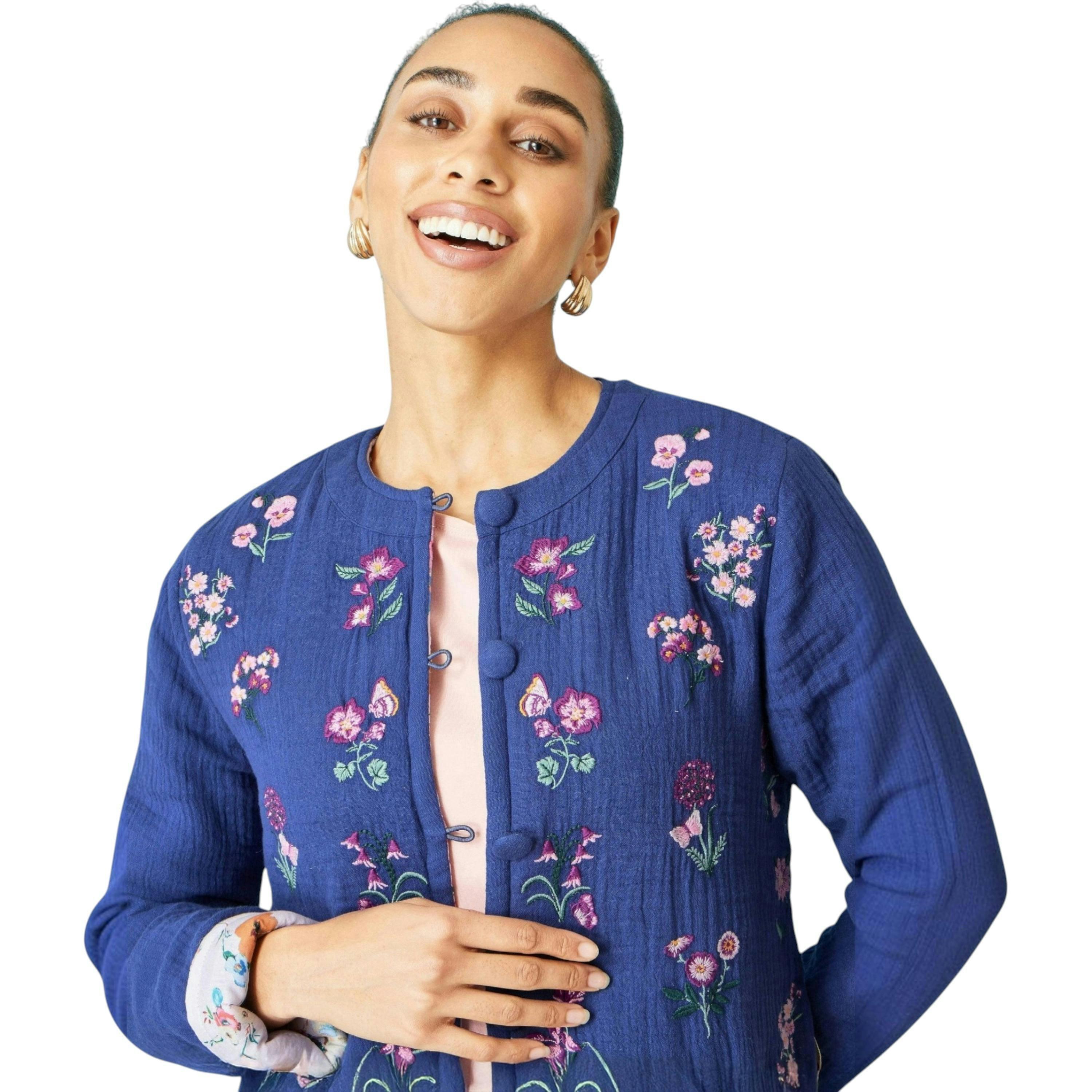 Yumi Blue Floral Embroidery Cotton Jacket , view 1 of 6