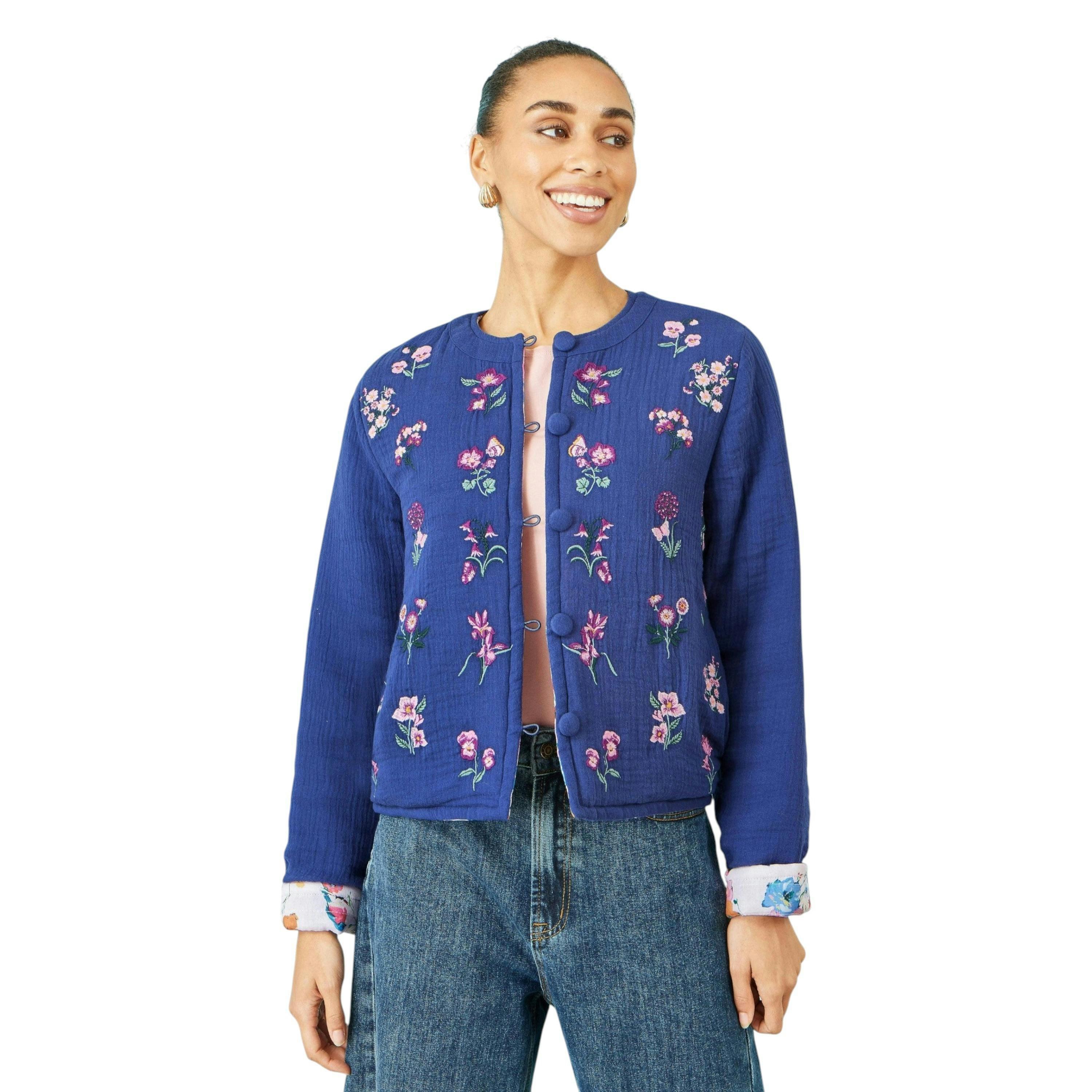 Yumi Blue Floral Embroidery Cotton Jacket , view 2 of 6