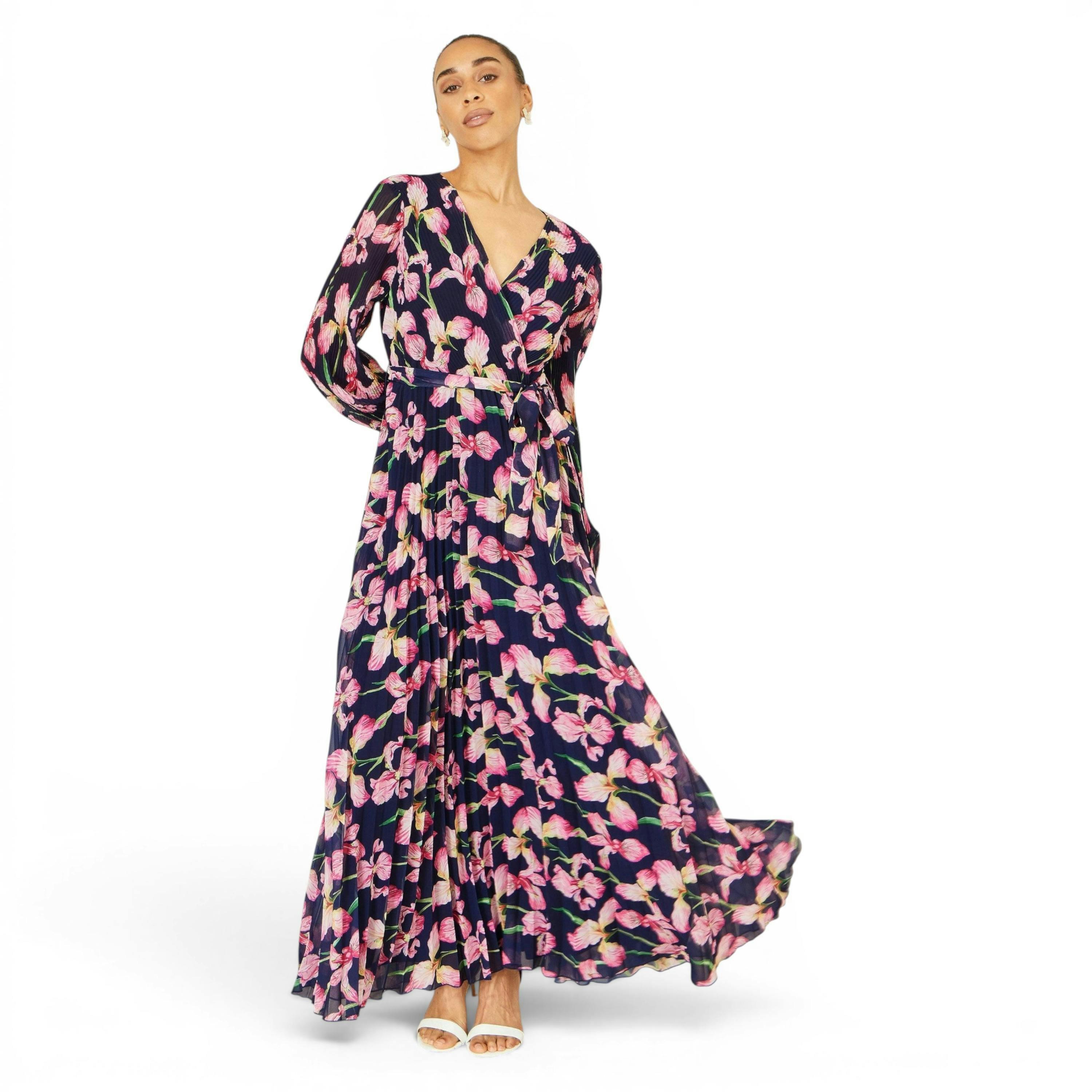 Yumi Navy Orchid Floral Pleated Wrap Maxi Dress , view 1 of 6