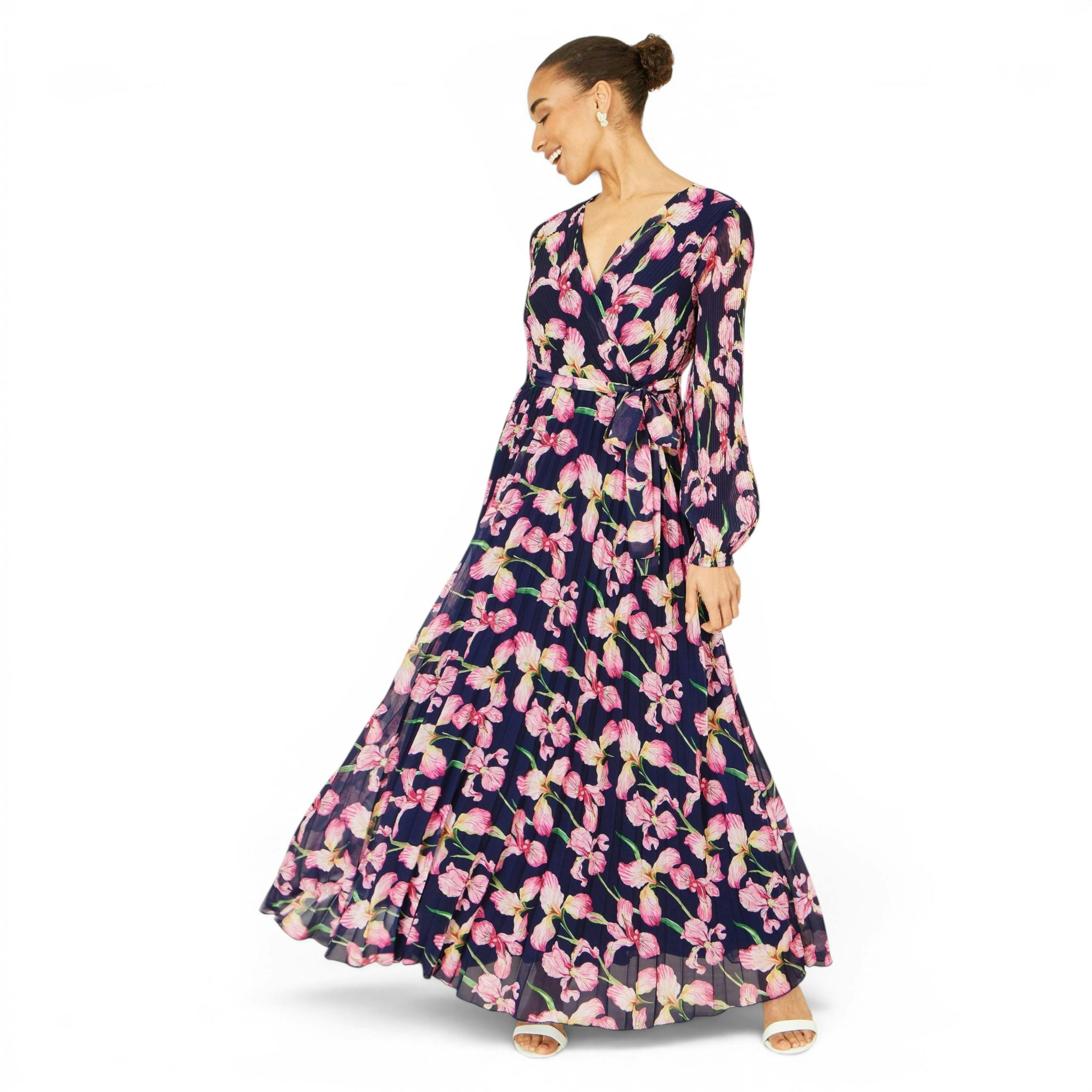 Yumi Navy Orchid Floral Pleated Wrap Maxi Dress , view 2 of 6
