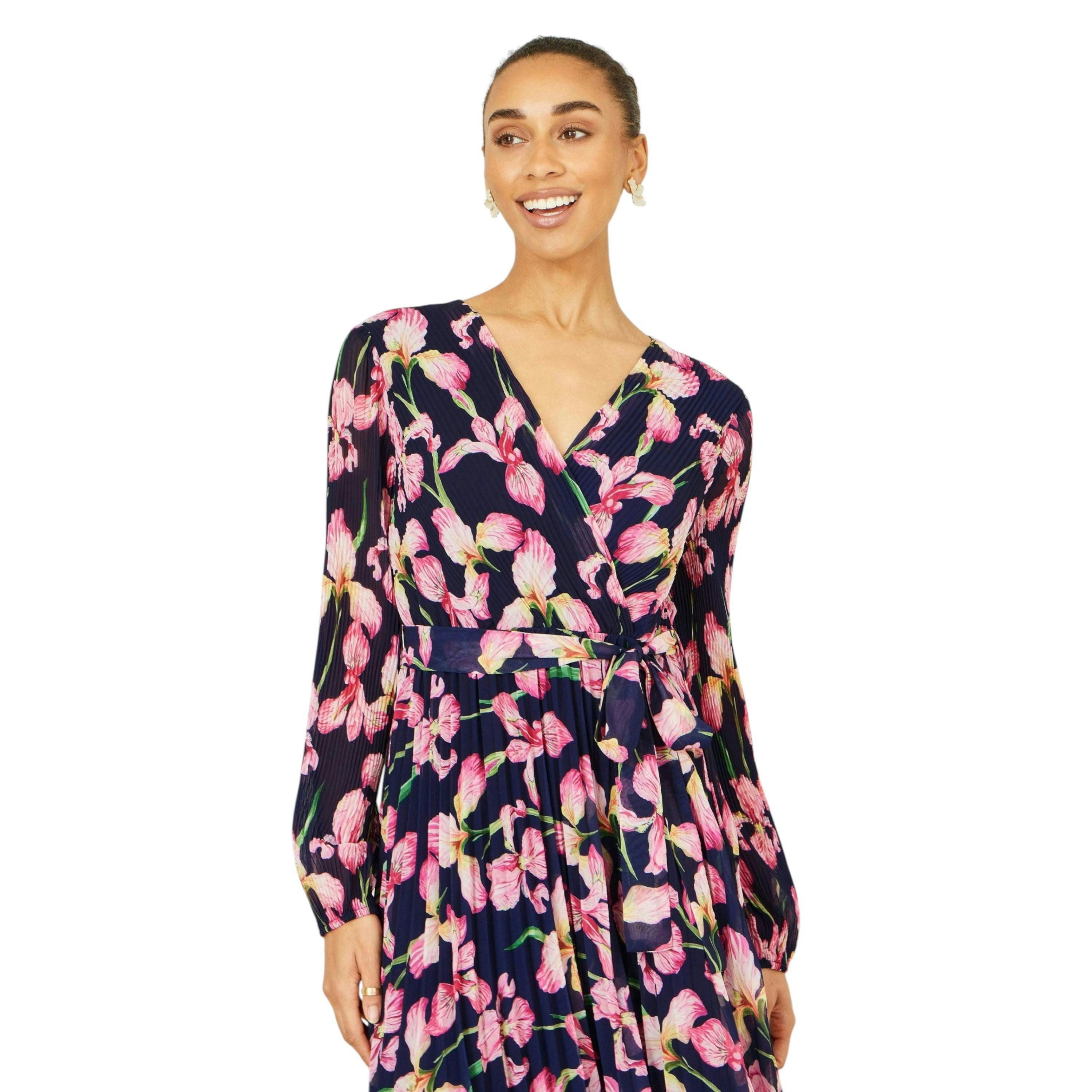 Yumi Navy Orchid Floral Pleated Wrap Maxi Dress , view 3 of 6