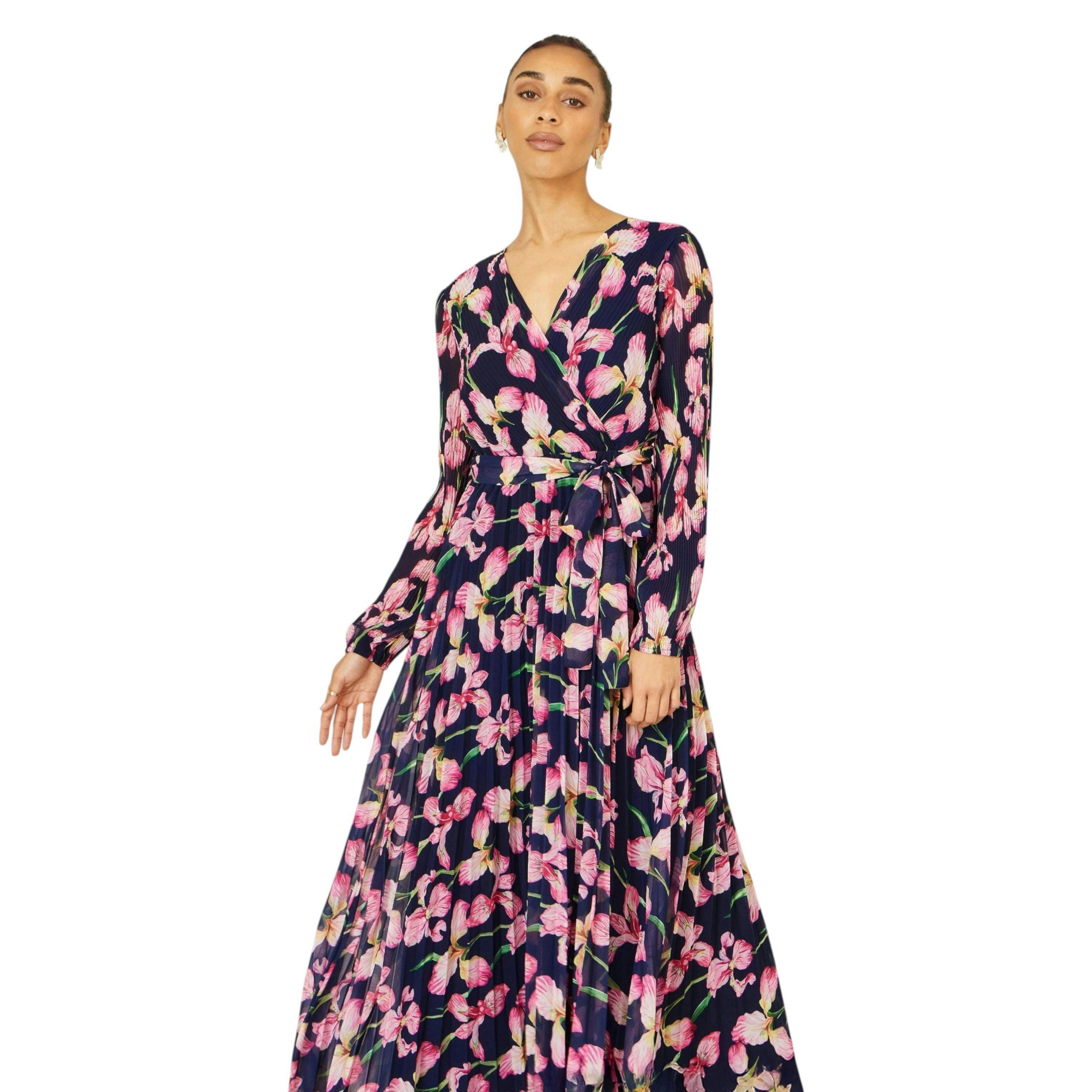 Yumi Navy Orchid Floral Pleated Wrap Maxi Dress , view 4 of 6