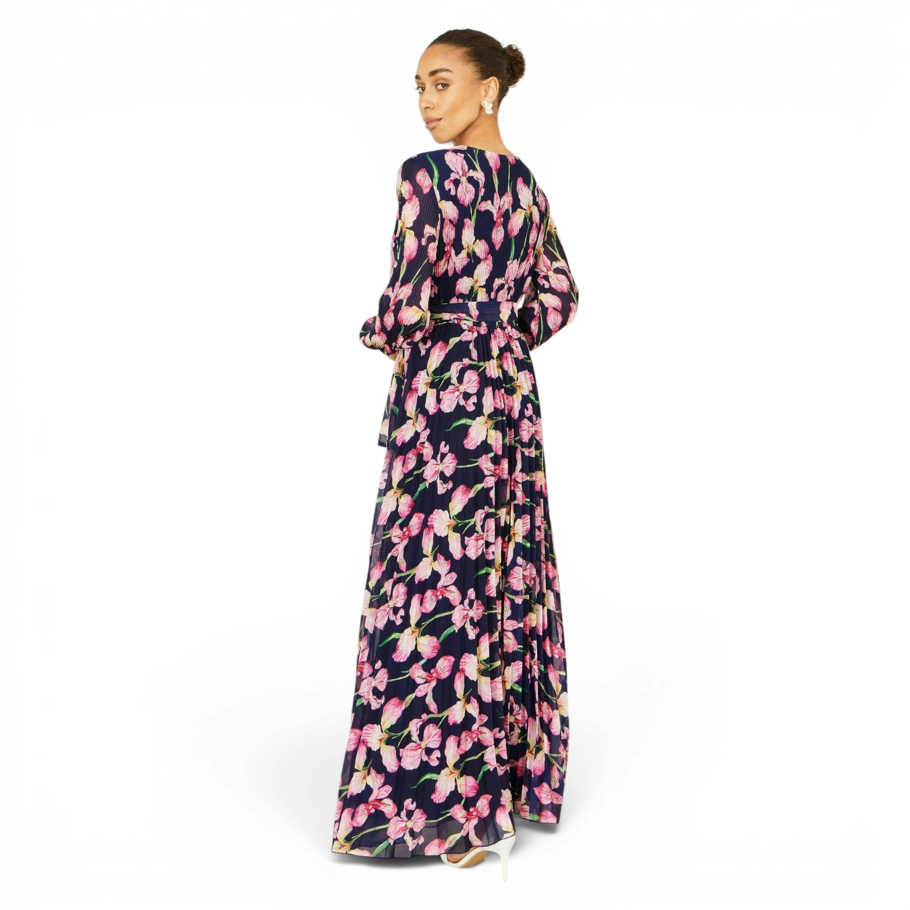 Yumi Navy Orchid Floral Pleated Wrap Maxi Dress , view 5 of 6