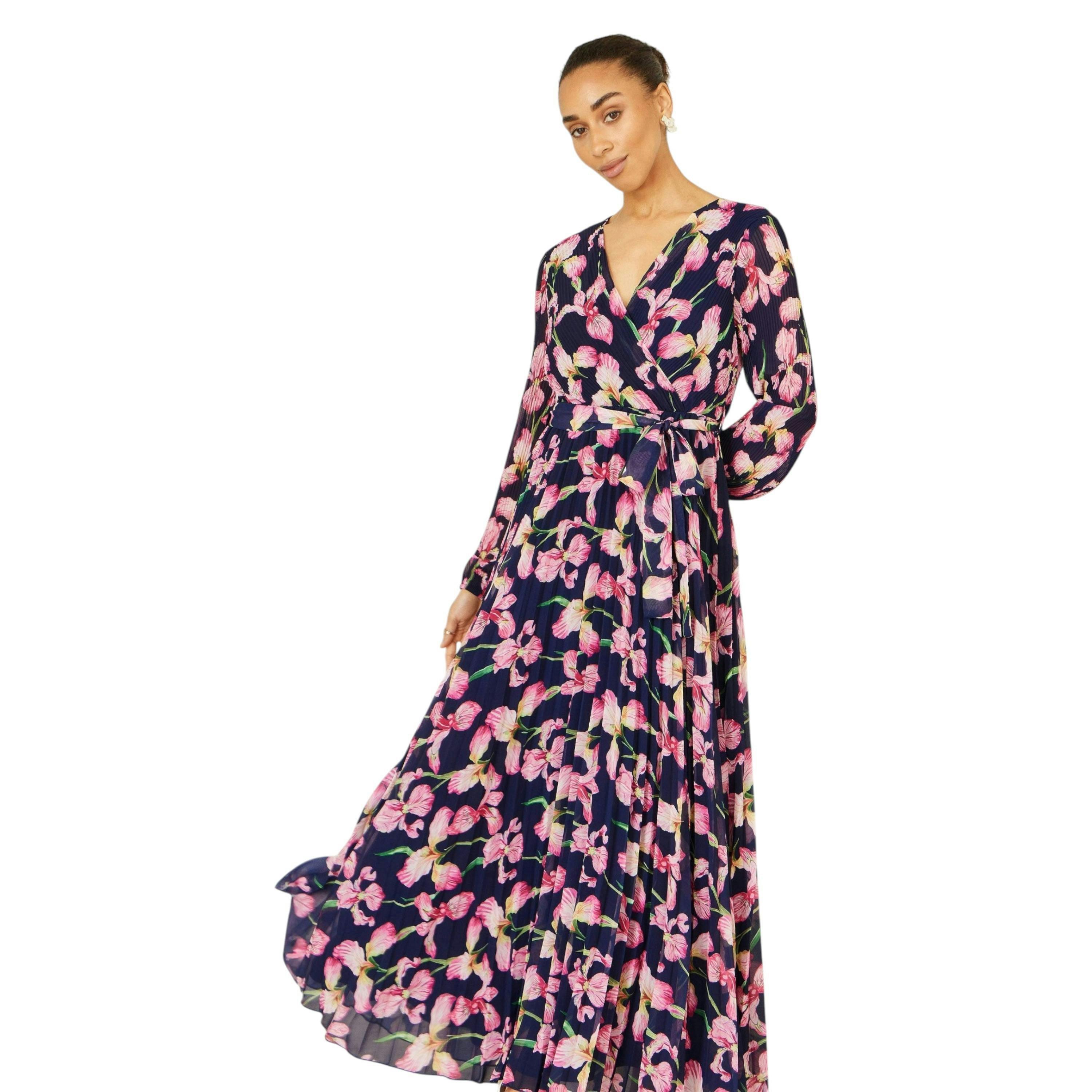 Yumi Navy Orchid Floral Pleated Wrap Maxi Dress , view 6 of 6