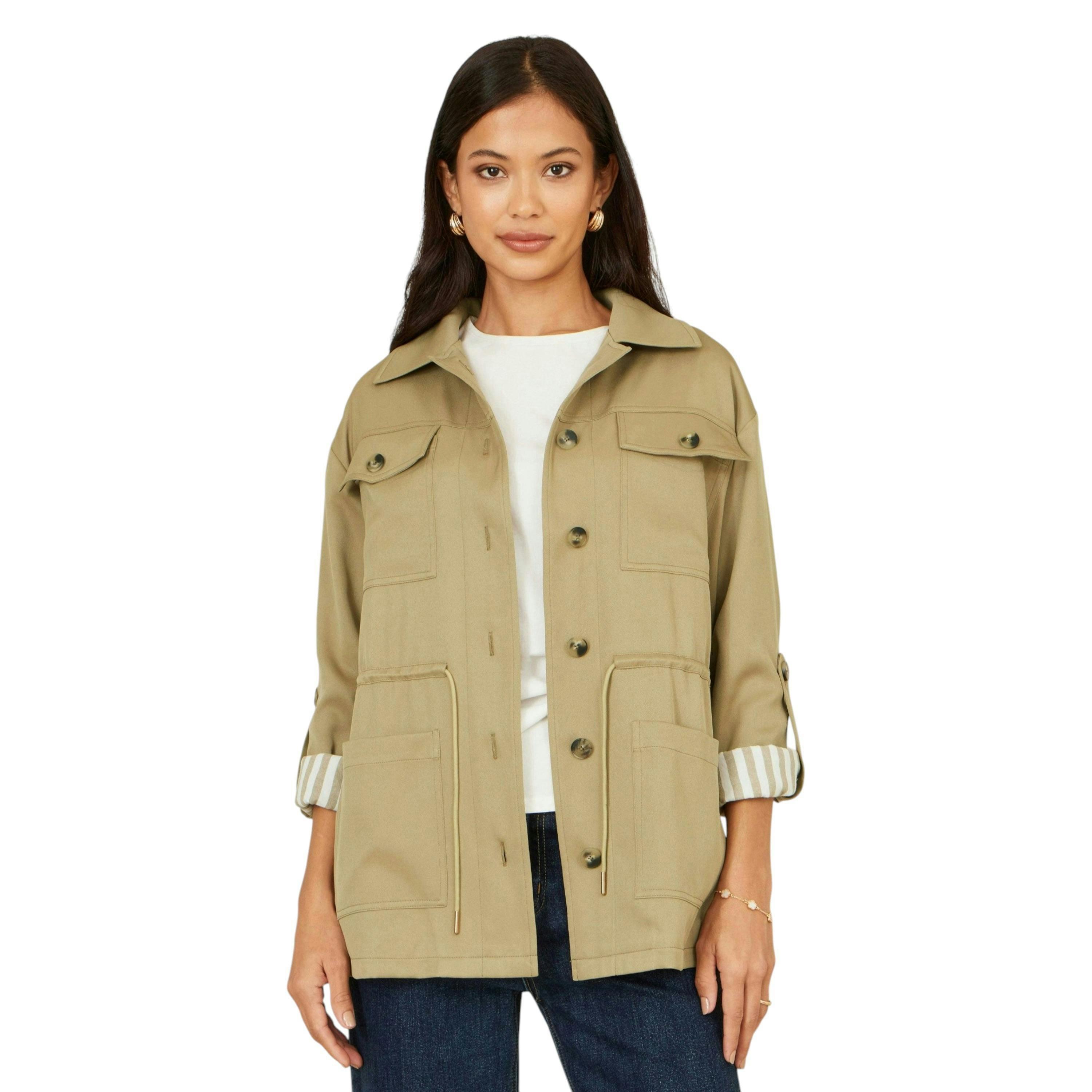 Yumi Green Utility Jacket With Drawstring Waist and Stripe Lining , view 1 of 6