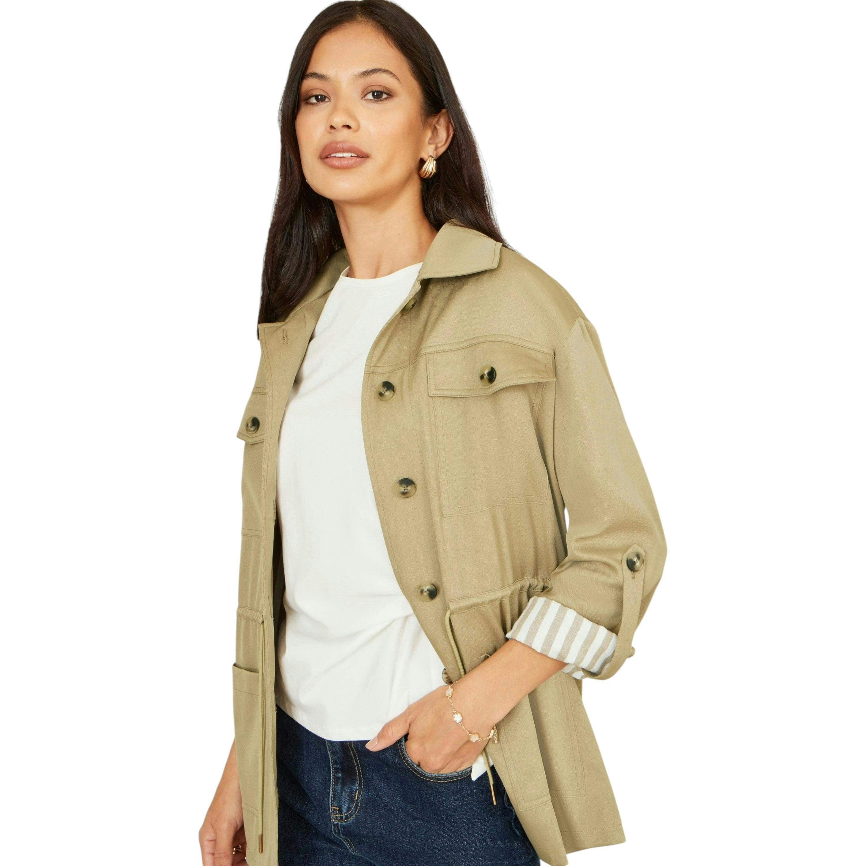 Yumi Green Utility Jacket With Drawstring Waist and Stripe Lining , view 2 of 6