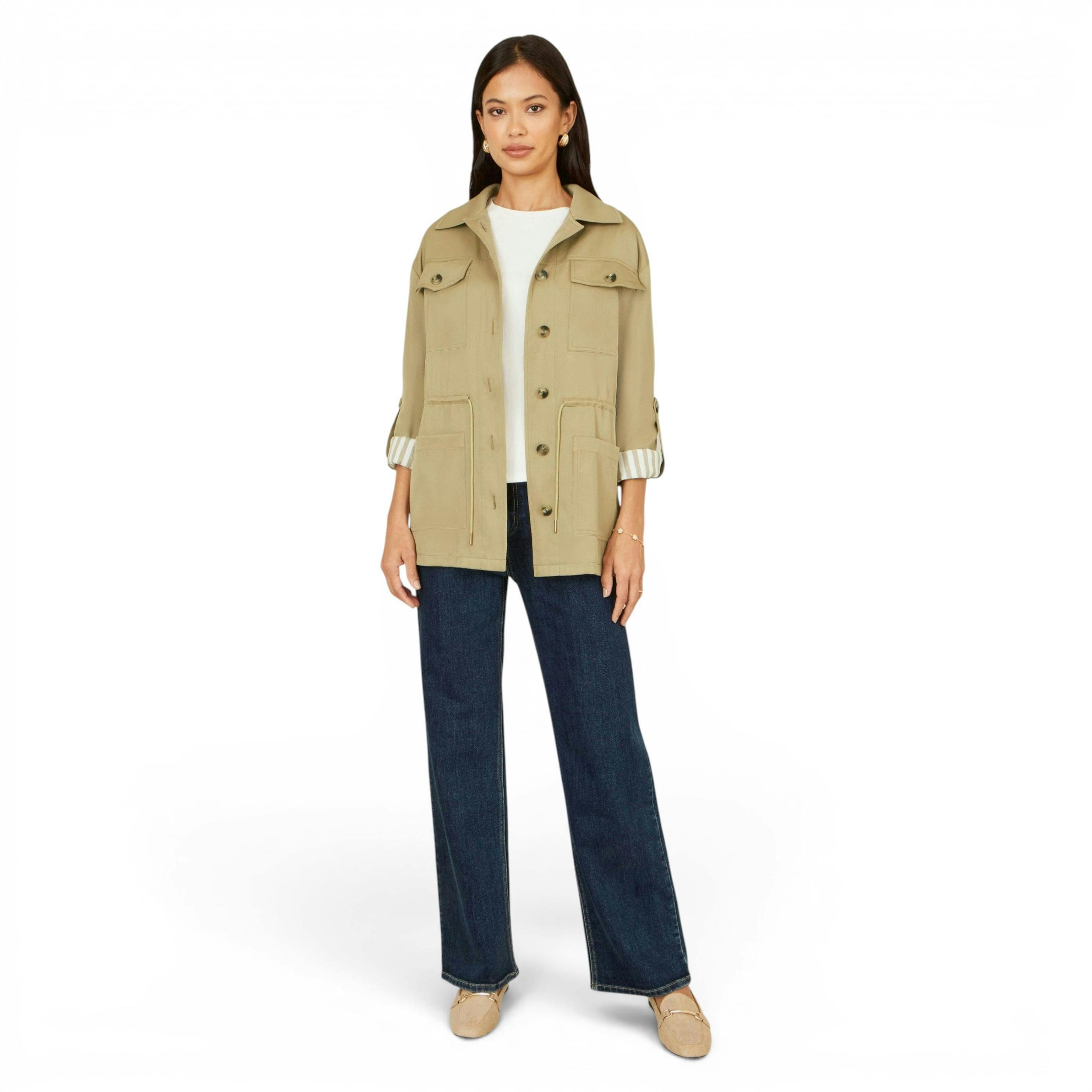 Yumi Green Utility Jacket With Drawstring Waist and Stripe Lining , view 3 of 6