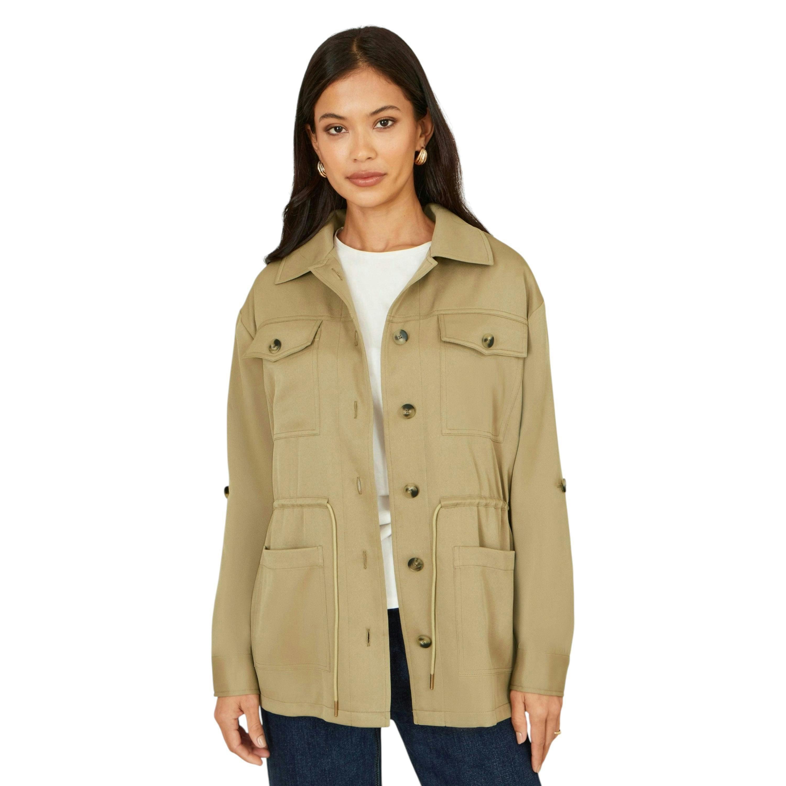 Yumi Green Utility Jacket With Drawstring Waist and Stripe Lining , view 4 of 6