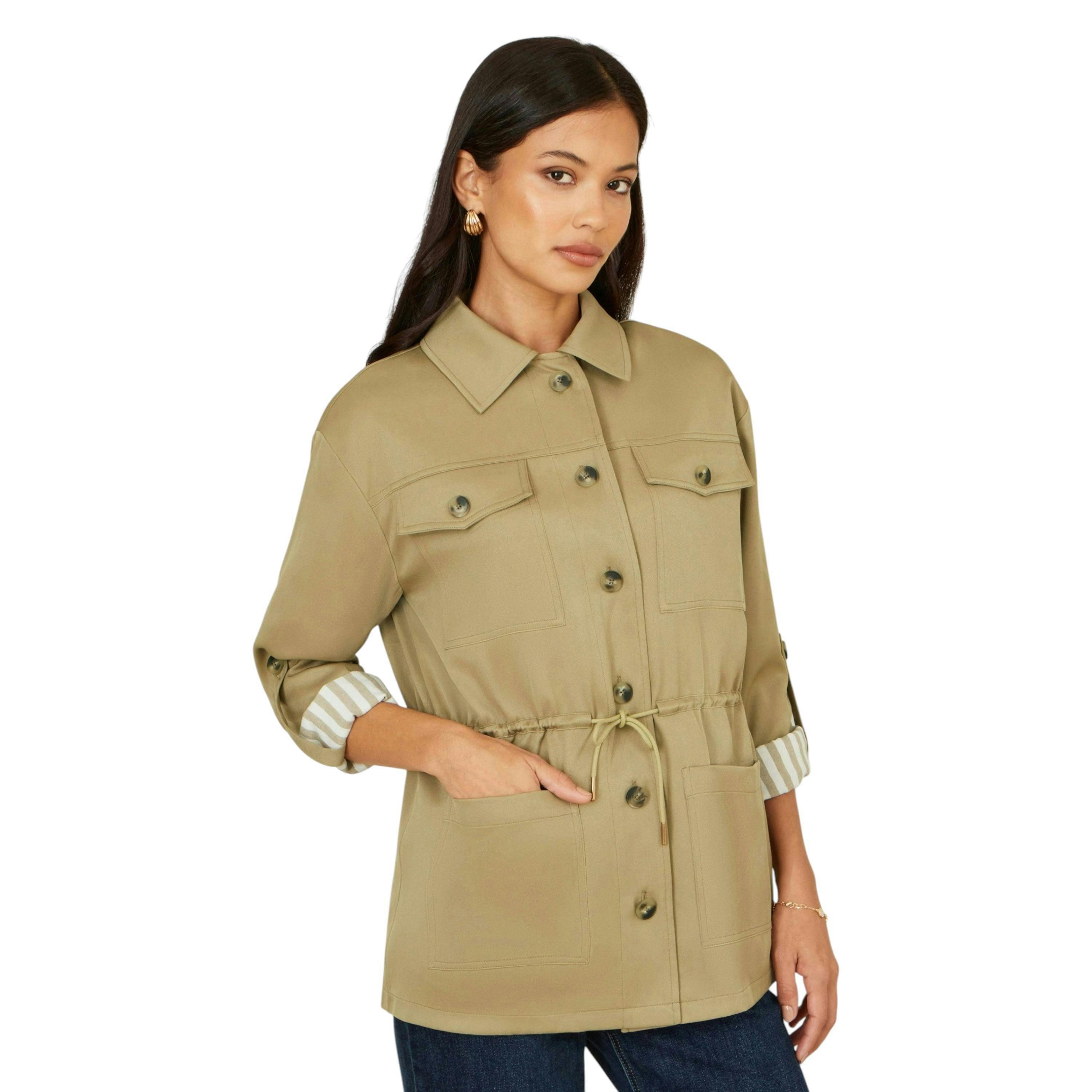 Yumi Green Utility Jacket With Drawstring Waist and Stripe Lining , view 5 of 6