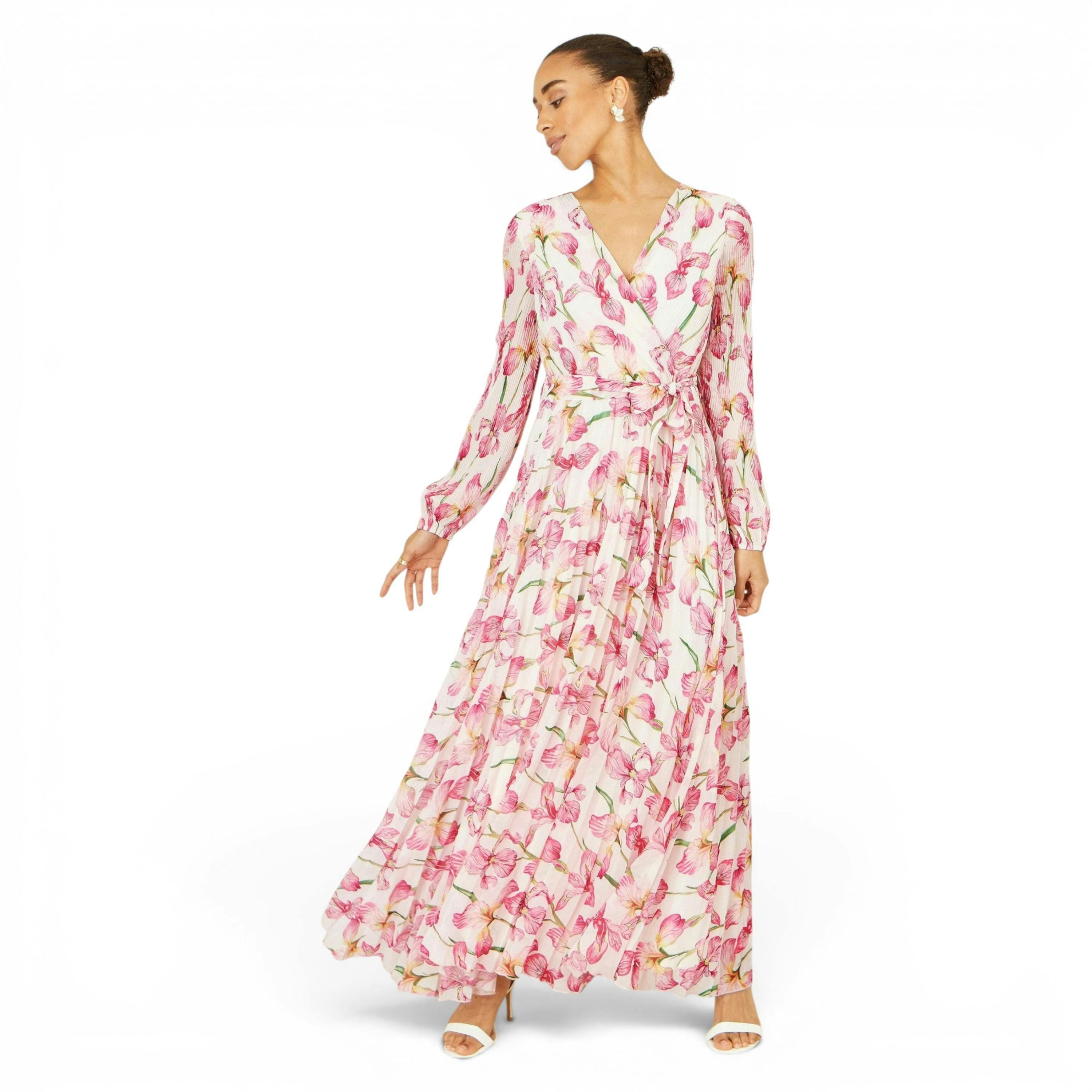 Yumi White Orchid Floral Pleated Wrap Maxi Dress , view 1 of 6