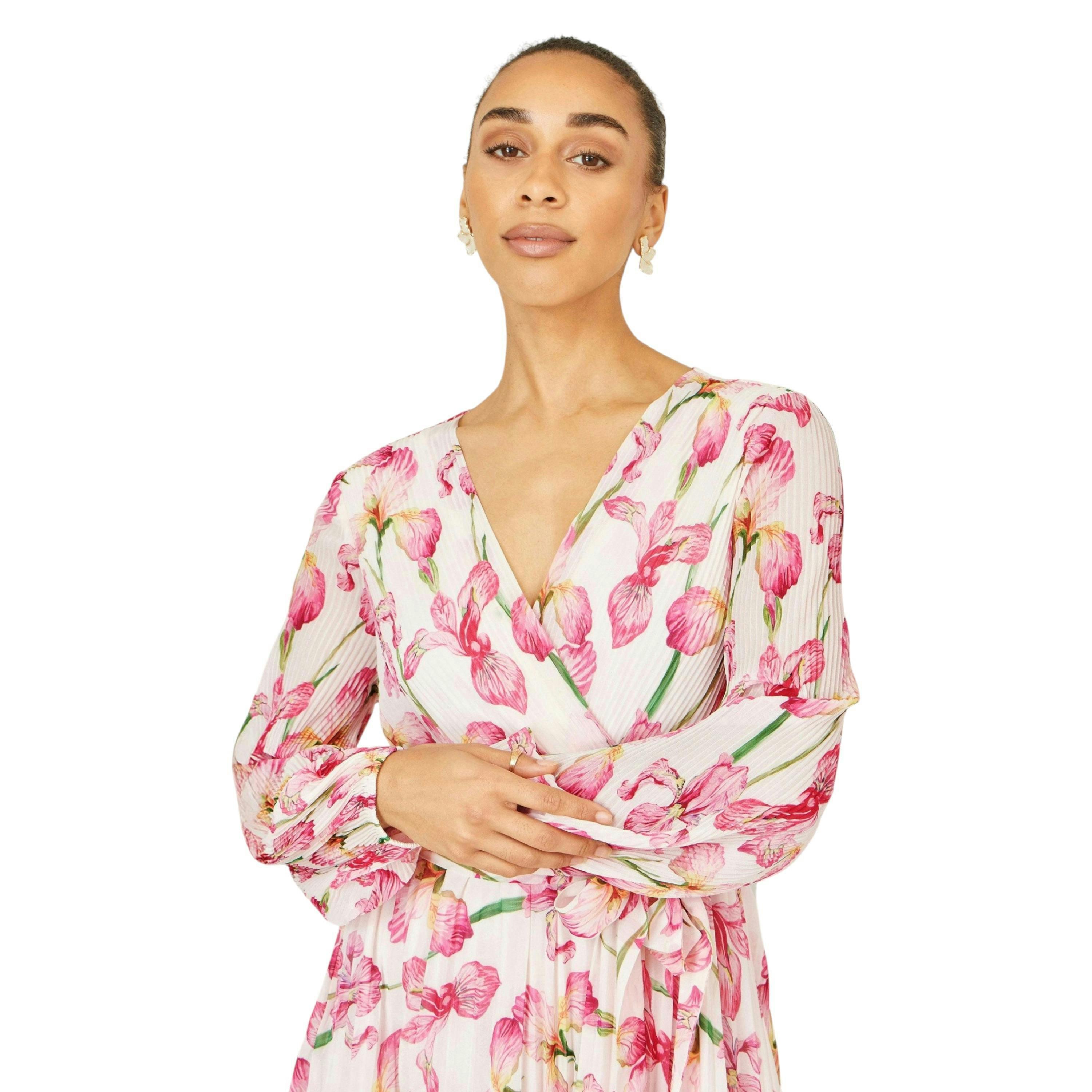 Yumi White Orchid Floral Pleated Wrap Maxi Dress , view 2 of 6