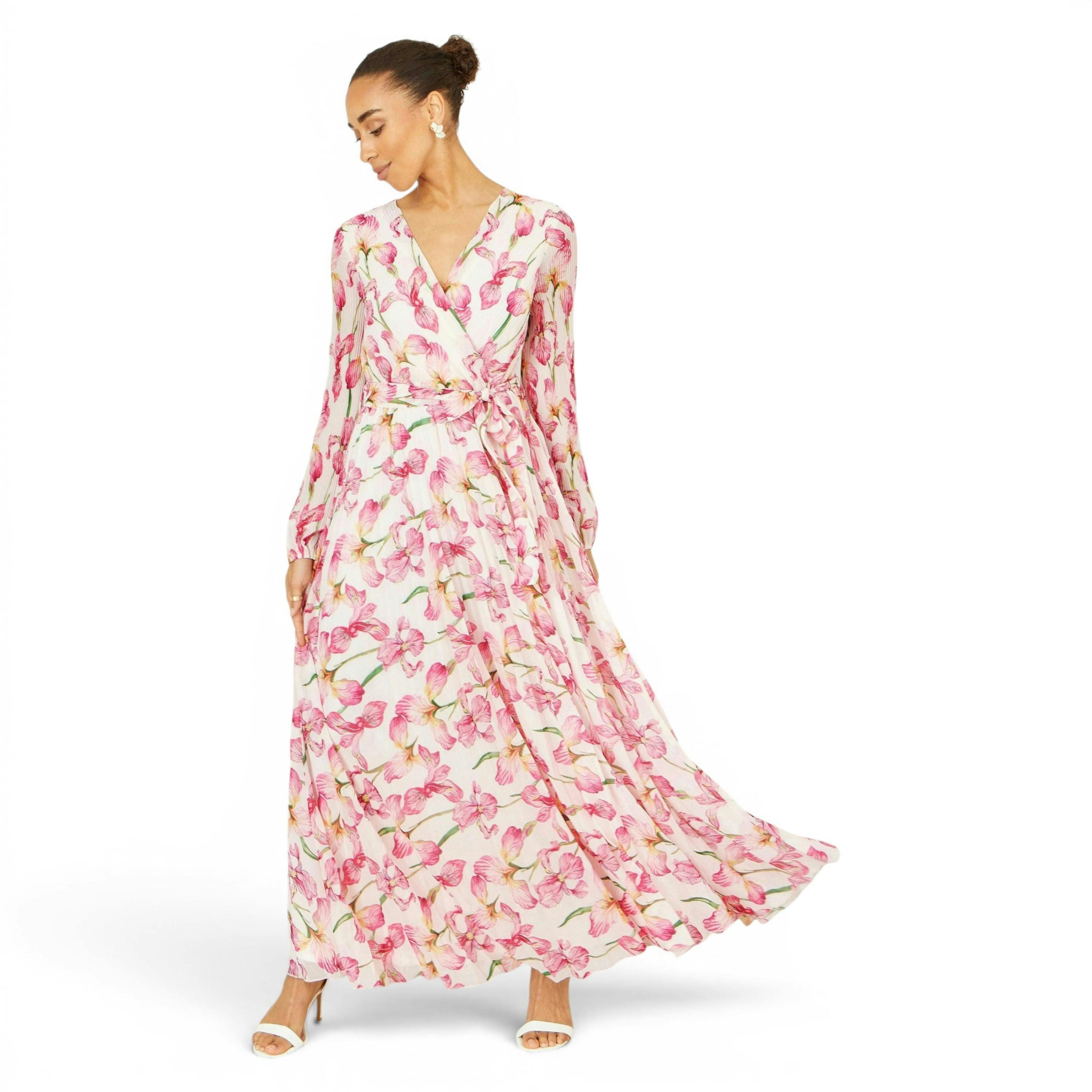 Yumi White Orchid Floral Pleated Wrap Maxi Dress , view 3 of 6