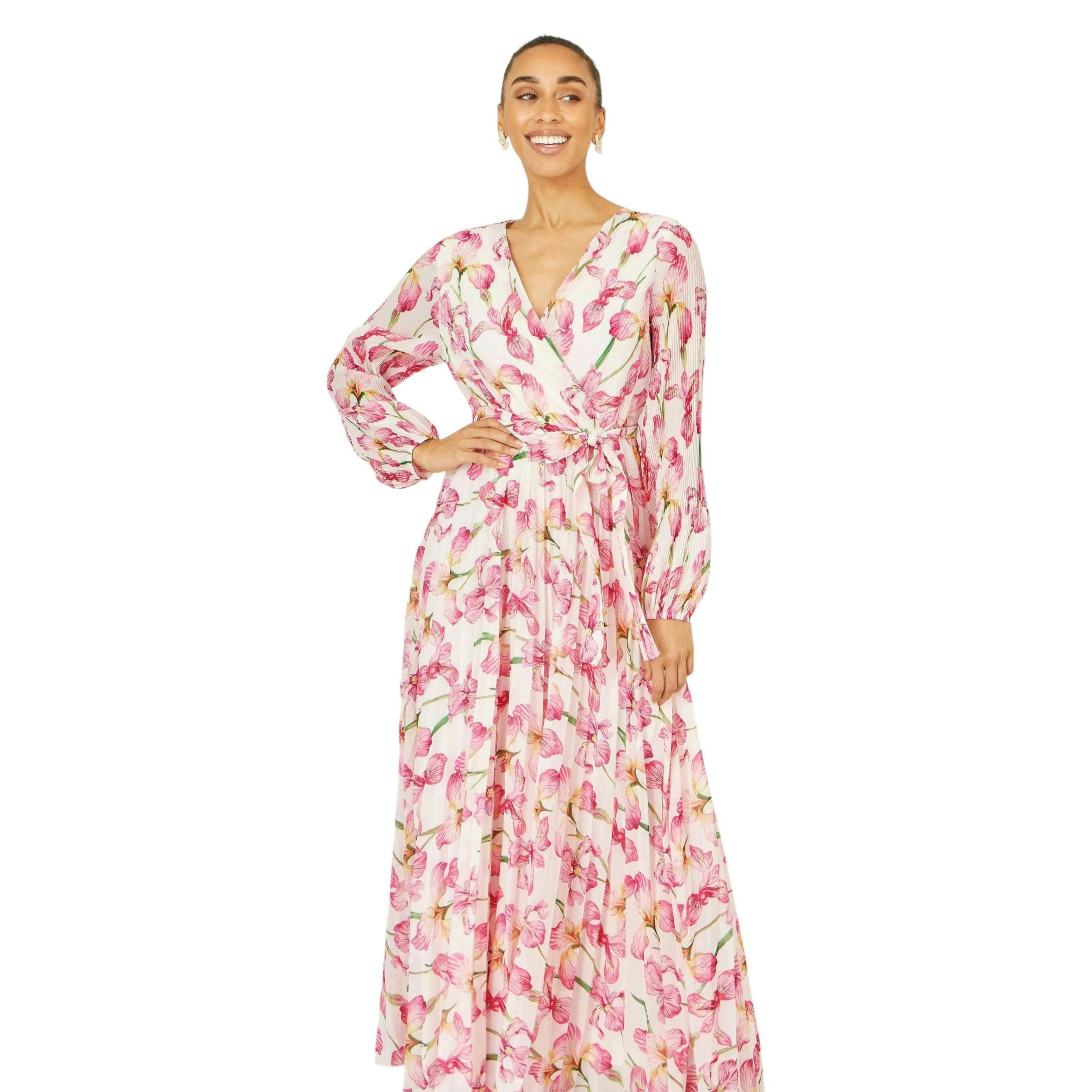 Yumi White Orchid Floral Pleated Wrap Maxi Dress , view 4 of 6