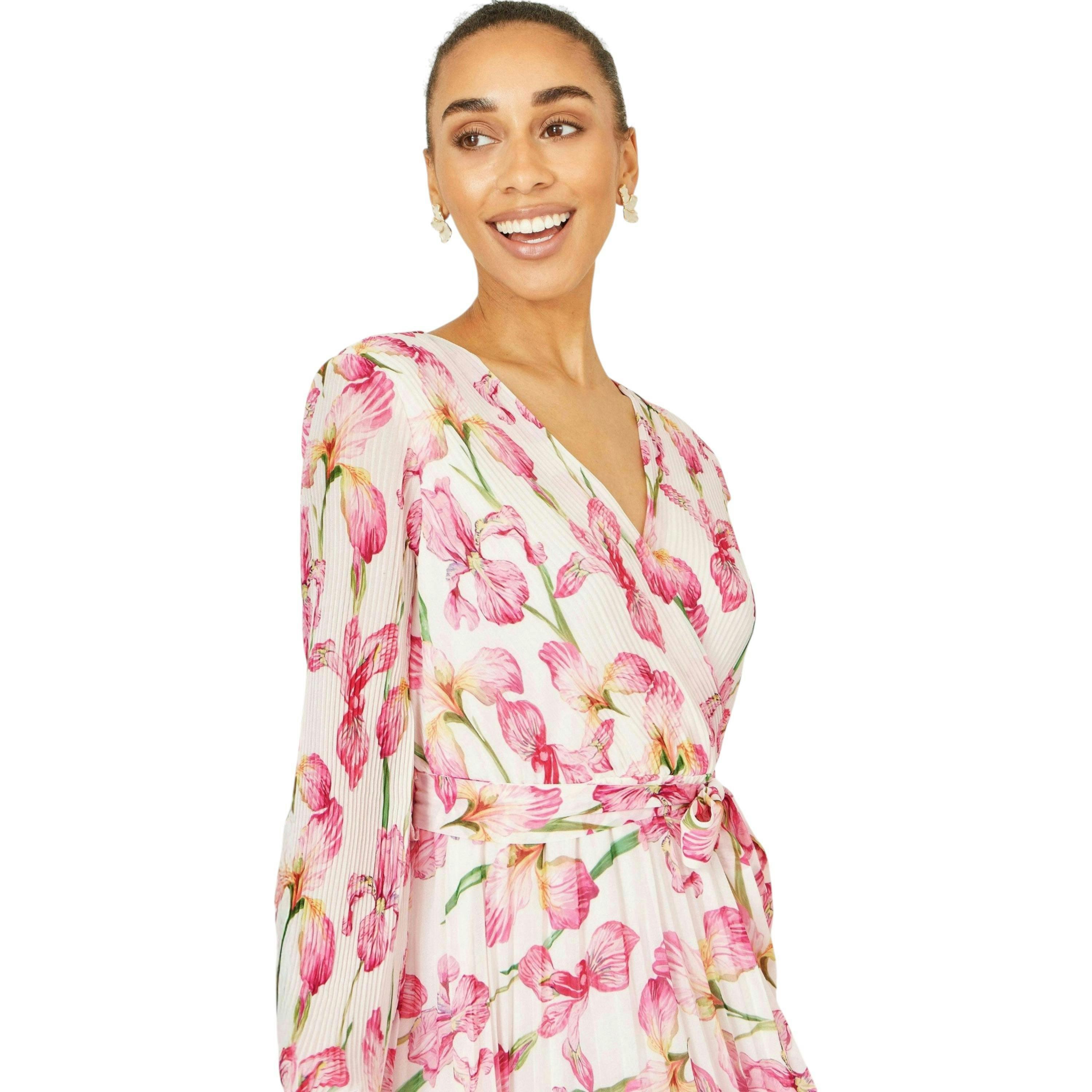 Yumi White Orchid Floral Pleated Wrap Maxi Dress , view 5 of 6