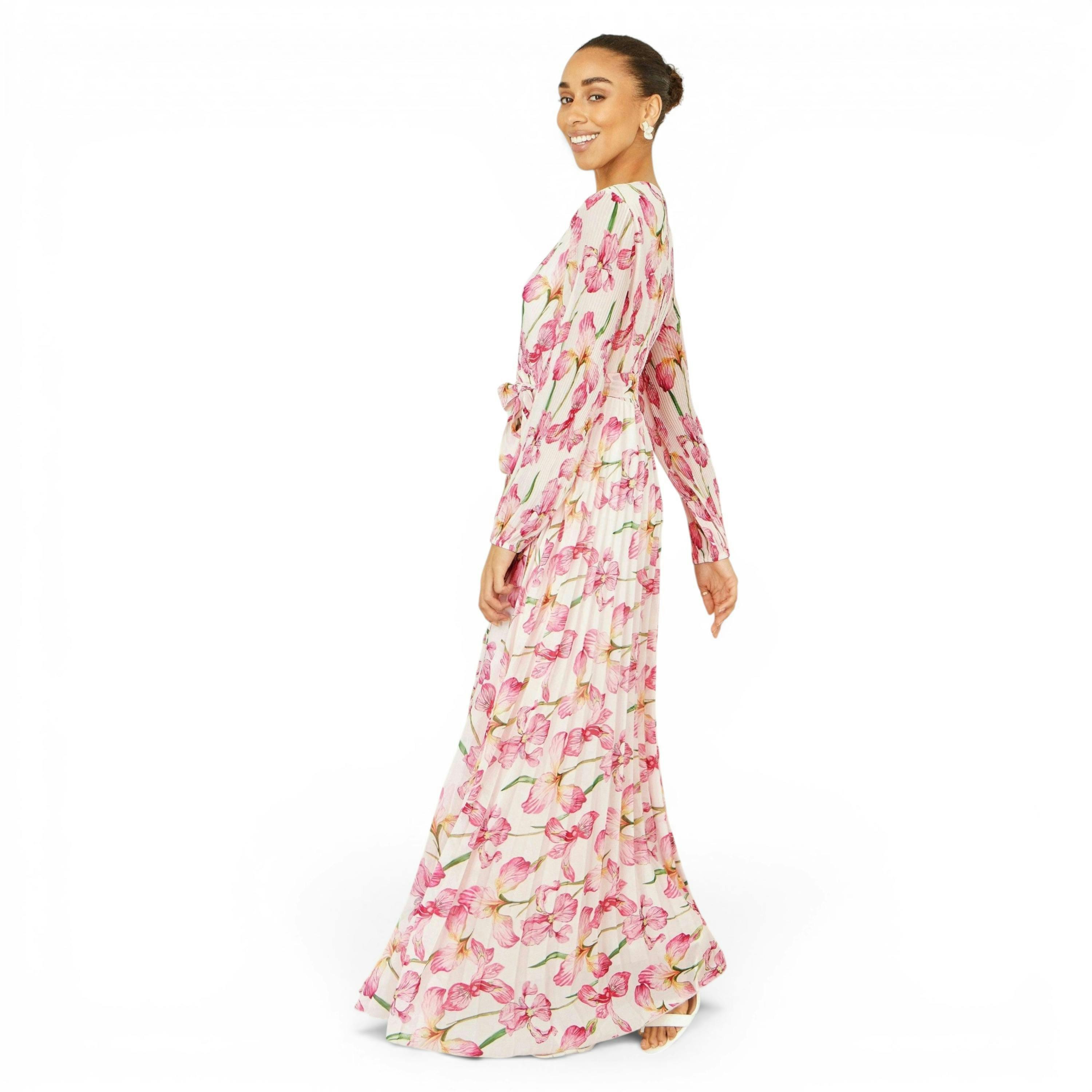 Yumi White Orchid Floral Pleated Wrap Maxi Dress , view 6 of 6