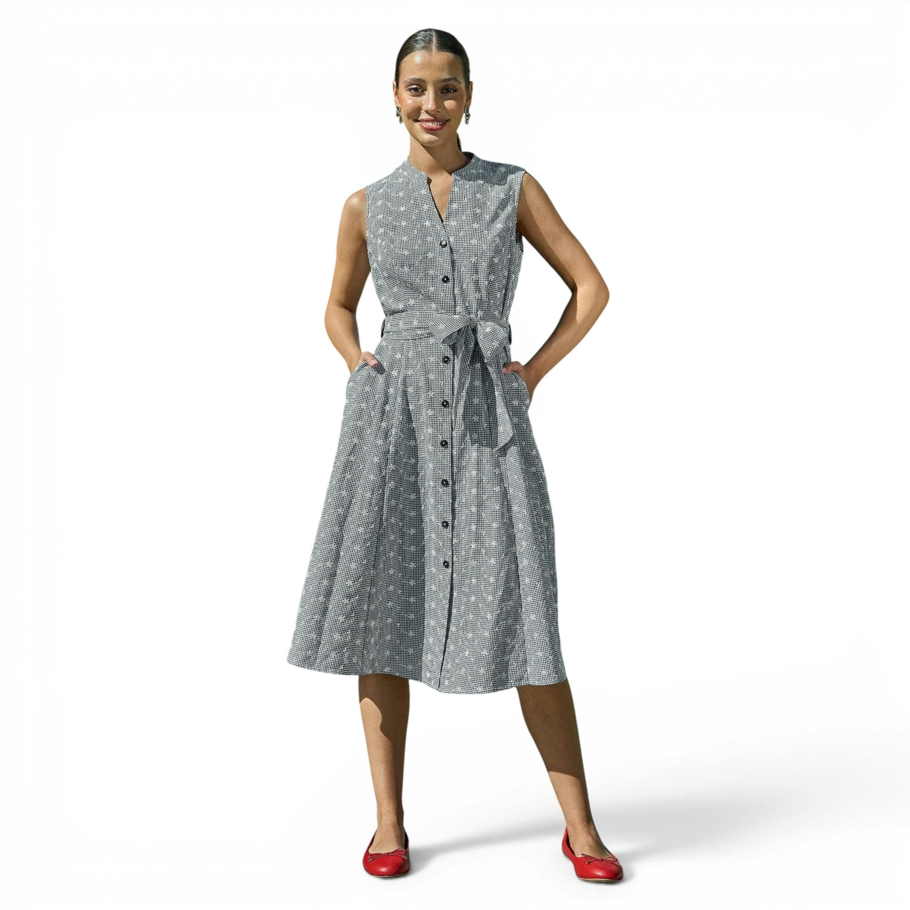 Yumi Black Broderie Anglaise Embroidered Sleeveless Shirt Dress , view 1 of 6