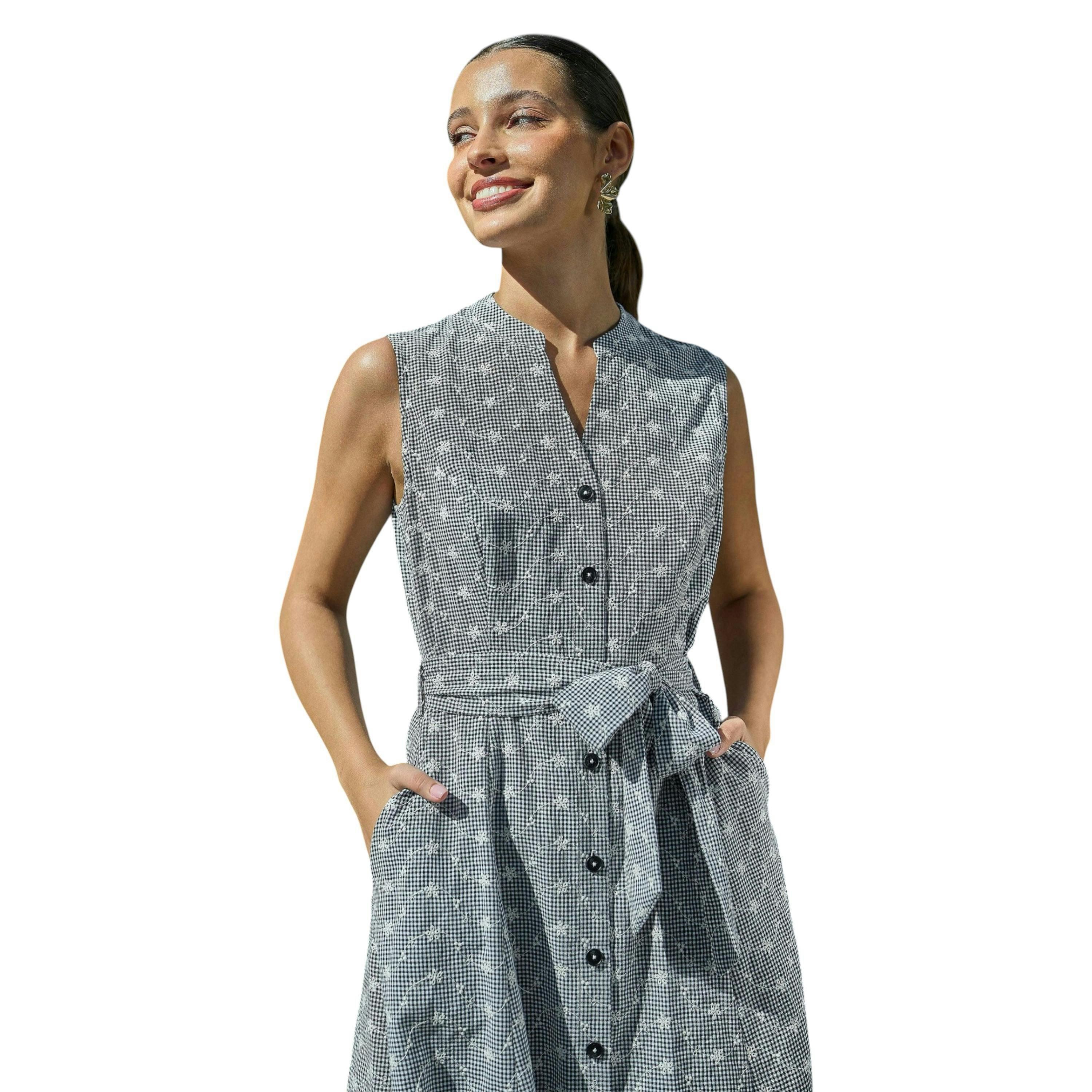 Yumi Black Broderie Anglaise Embroidered Sleeveless Shirt Dress , view 2 of 6