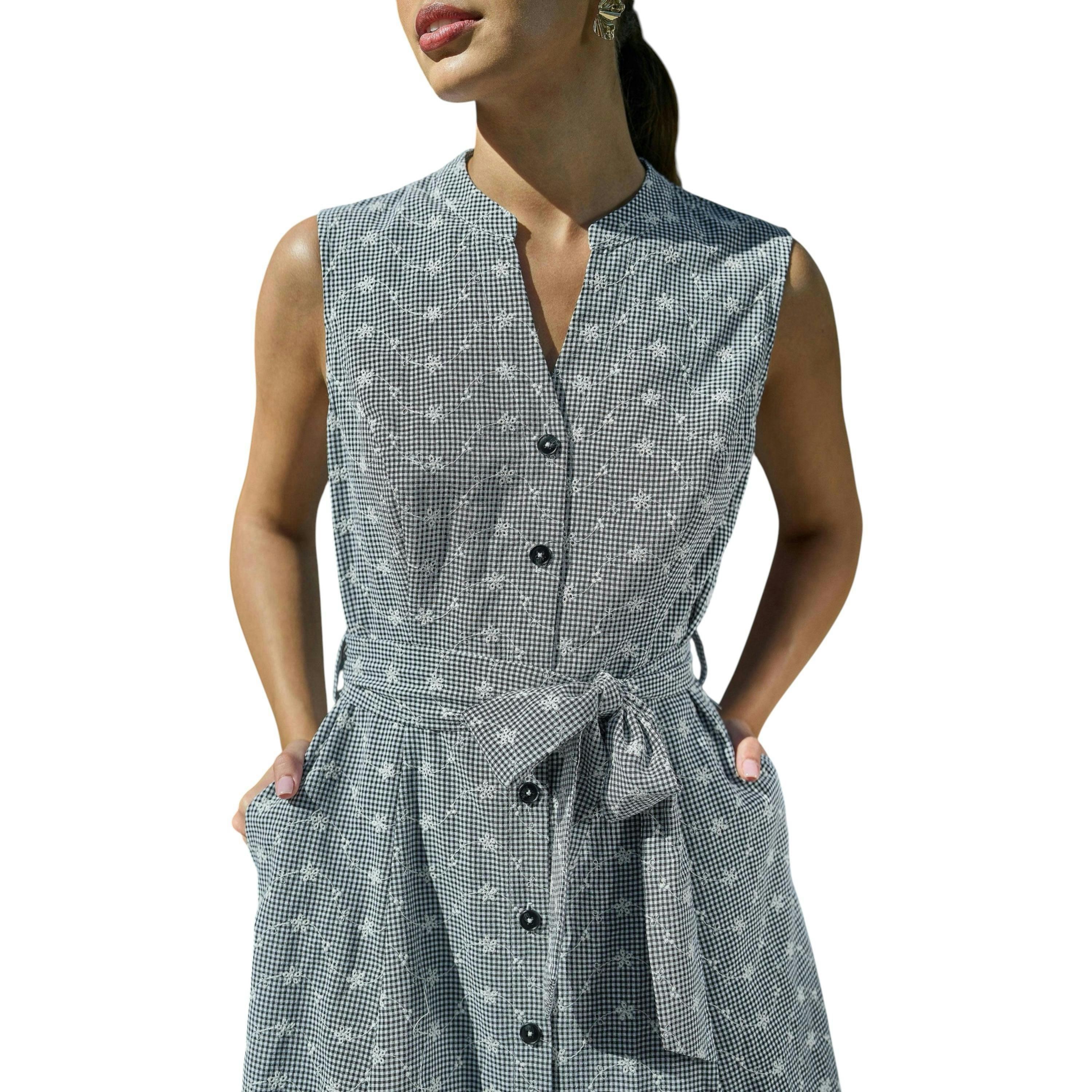 Yumi Black Broderie Anglaise Embroidered Sleeveless Shirt Dress , view 4 of 6