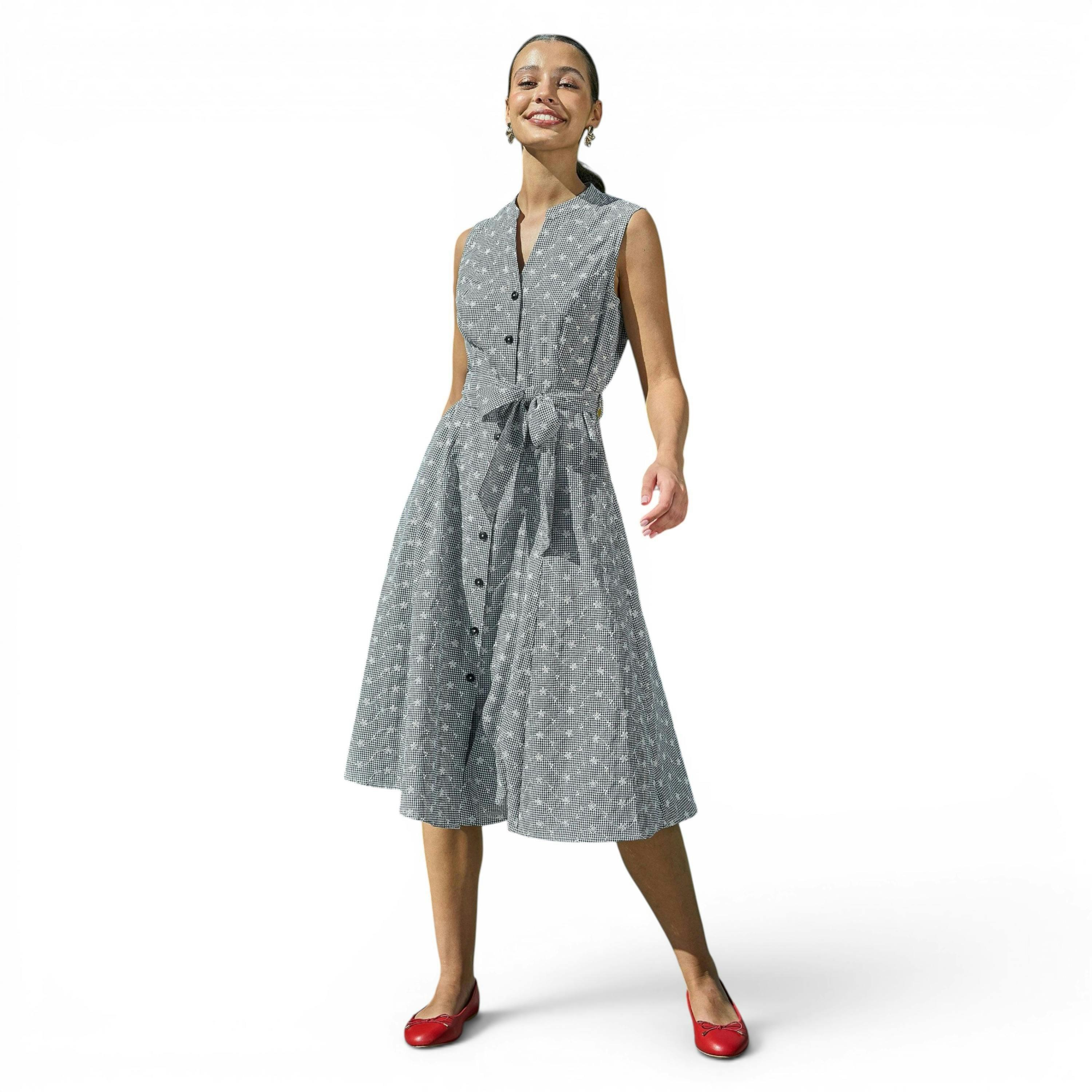 Yumi Black Broderie Anglaise Embroidered Sleeveless Shirt Dress , view 5 of 6
