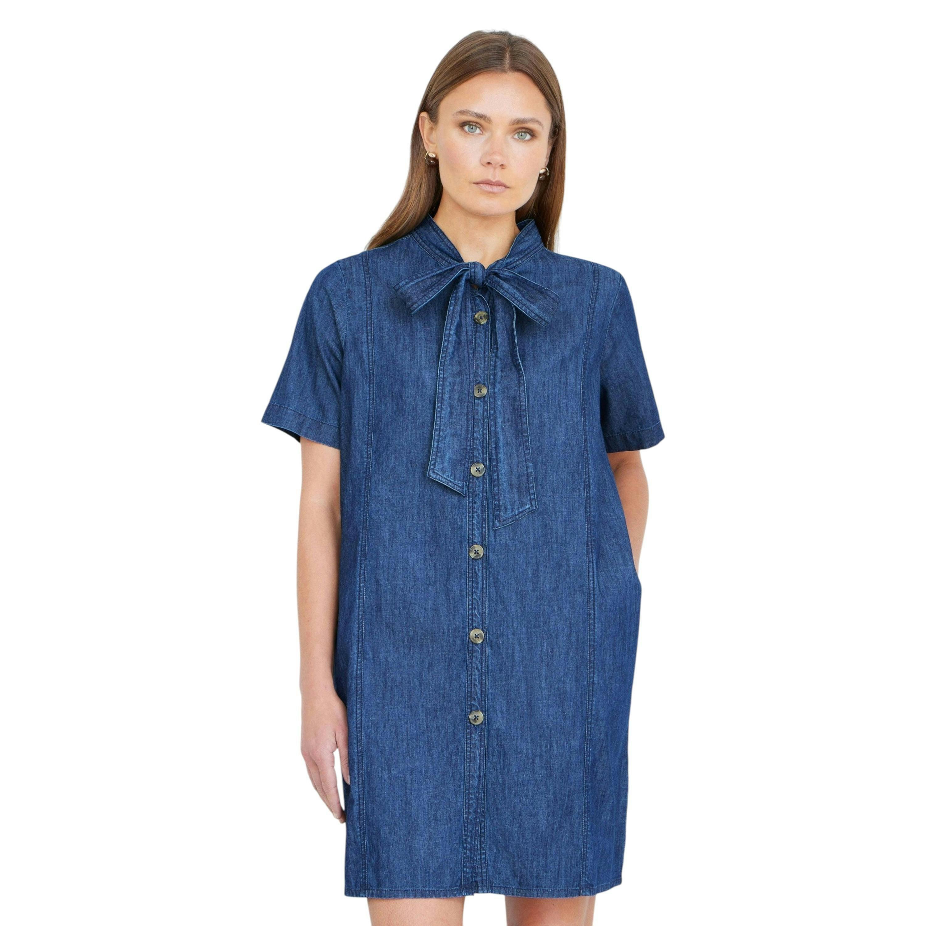 Yumi Blue Chambray Tunic With Pussy Bow Tie , view 1 of 6