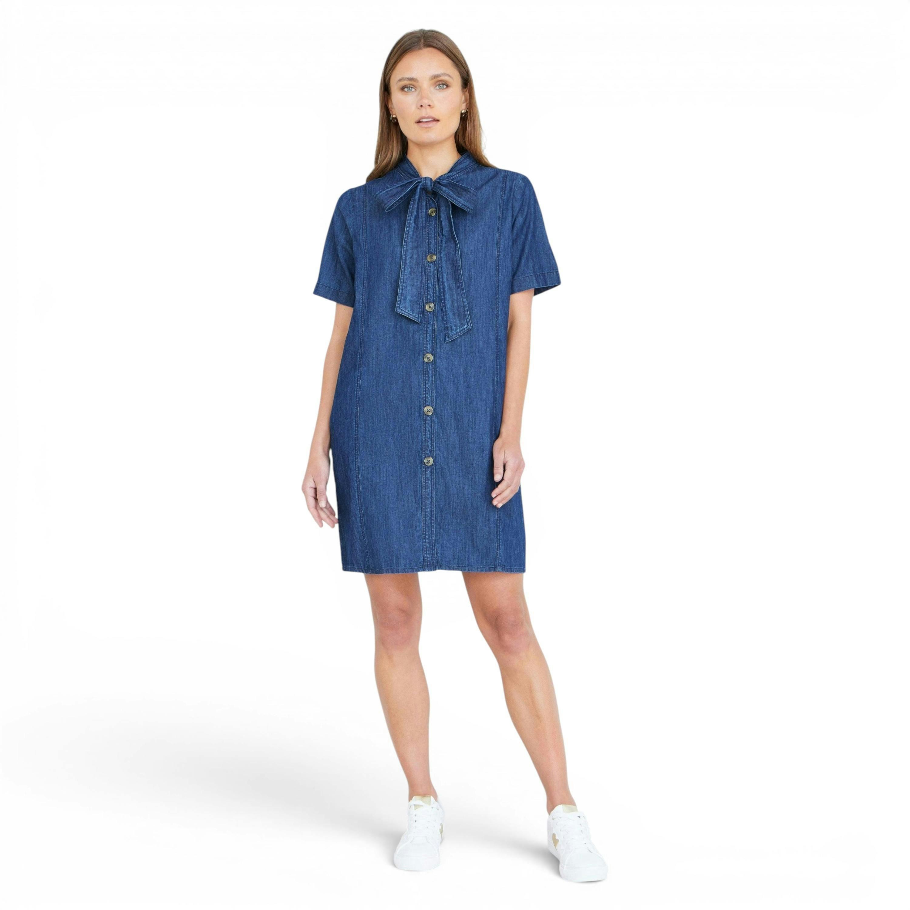 Yumi Blue Chambray Tunic With Pussy Bow Tie , view 2 of 6