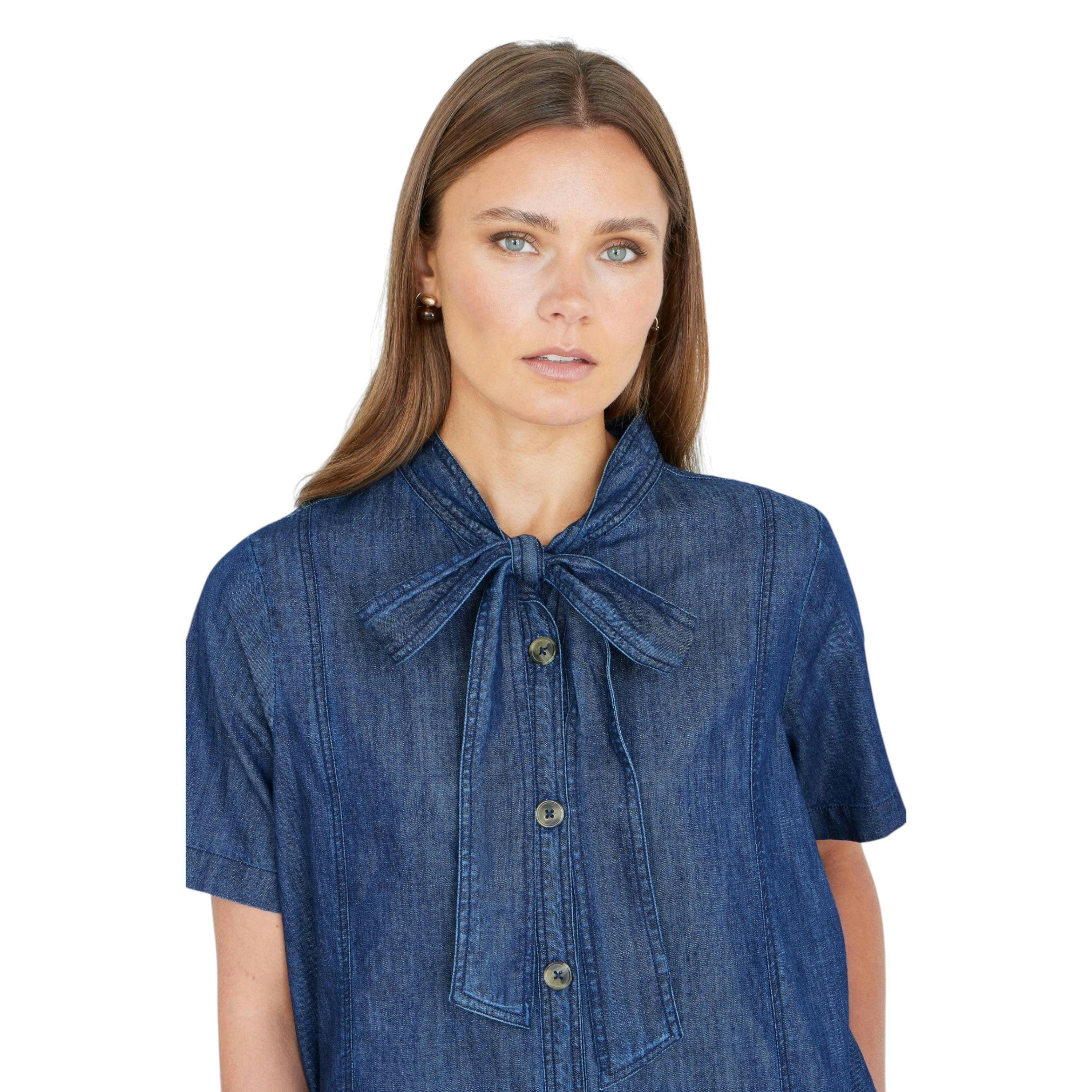 Yumi Blue Chambray Tunic With Pussy Bow Tie , view 3 of 6
