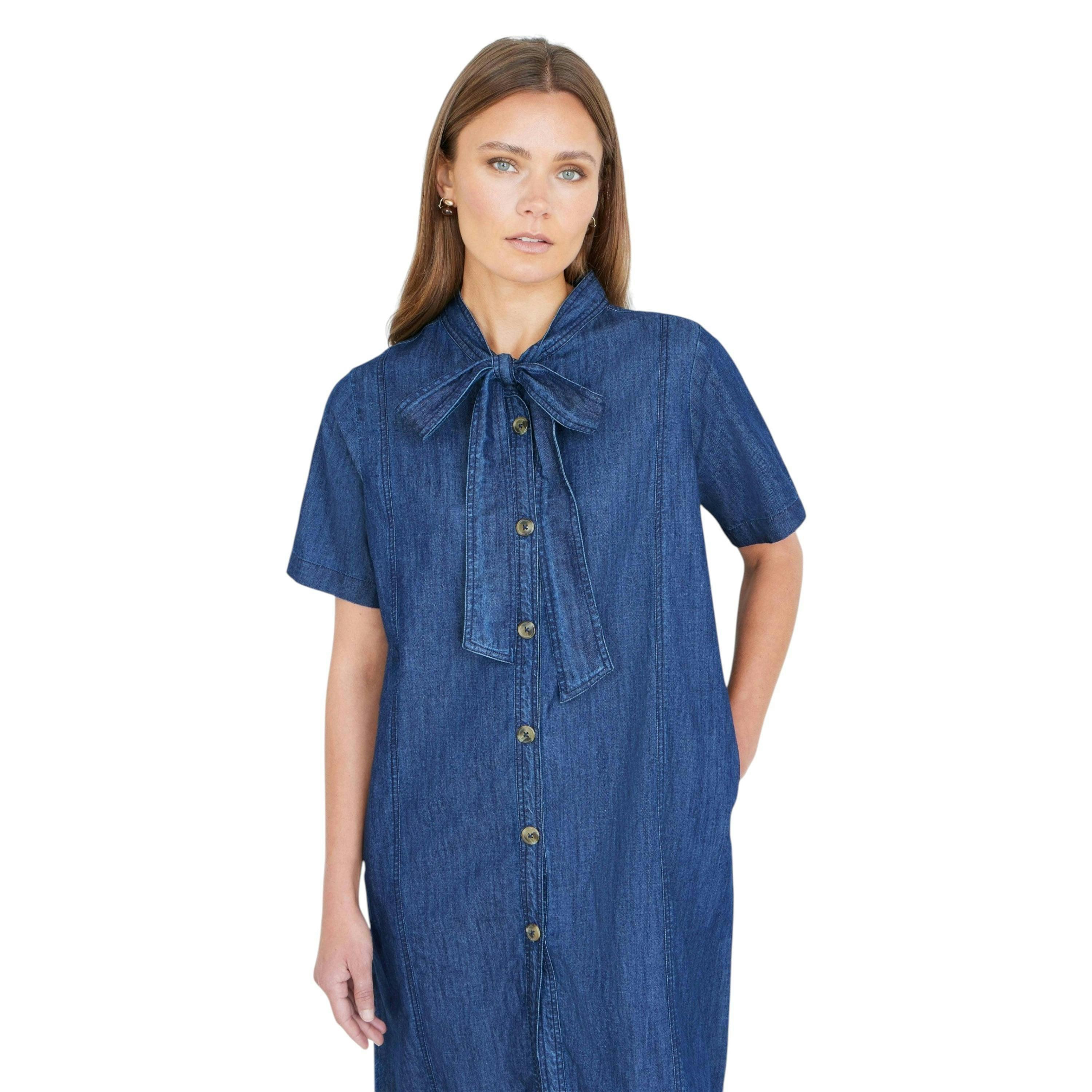 Yumi Blue Chambray Tunic With Pussy Bow Tie , view 5 of 6
