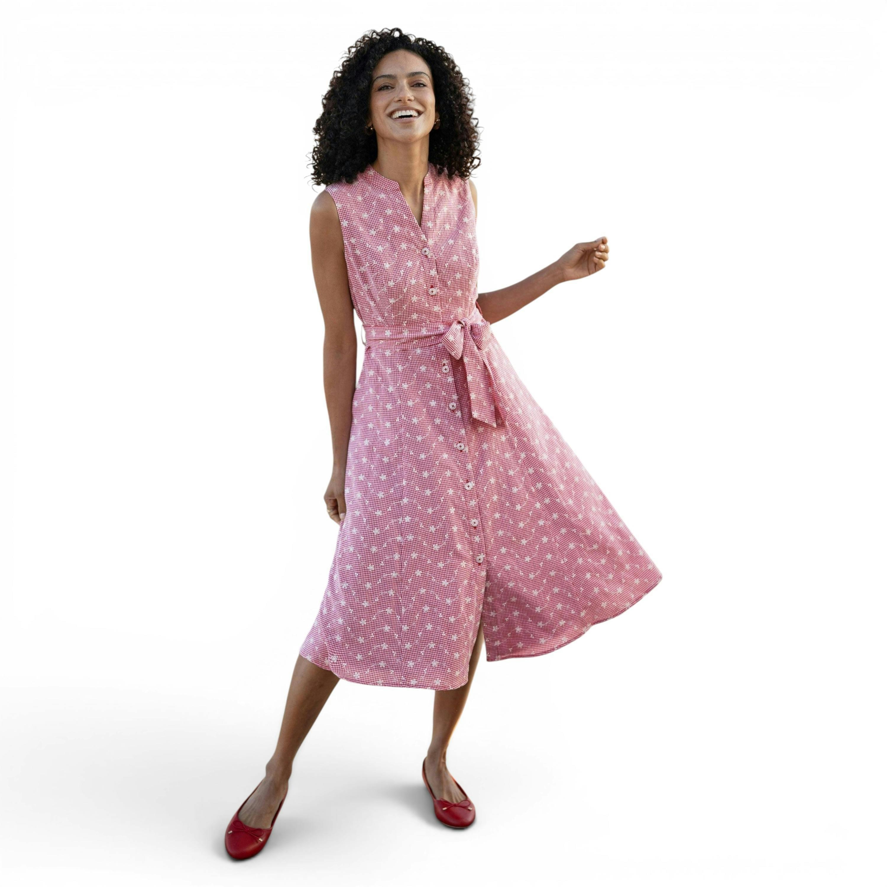 Yumi Red Broderie Anglaise Embroidered Sleeveless Shirt Dress , view 1 of 6