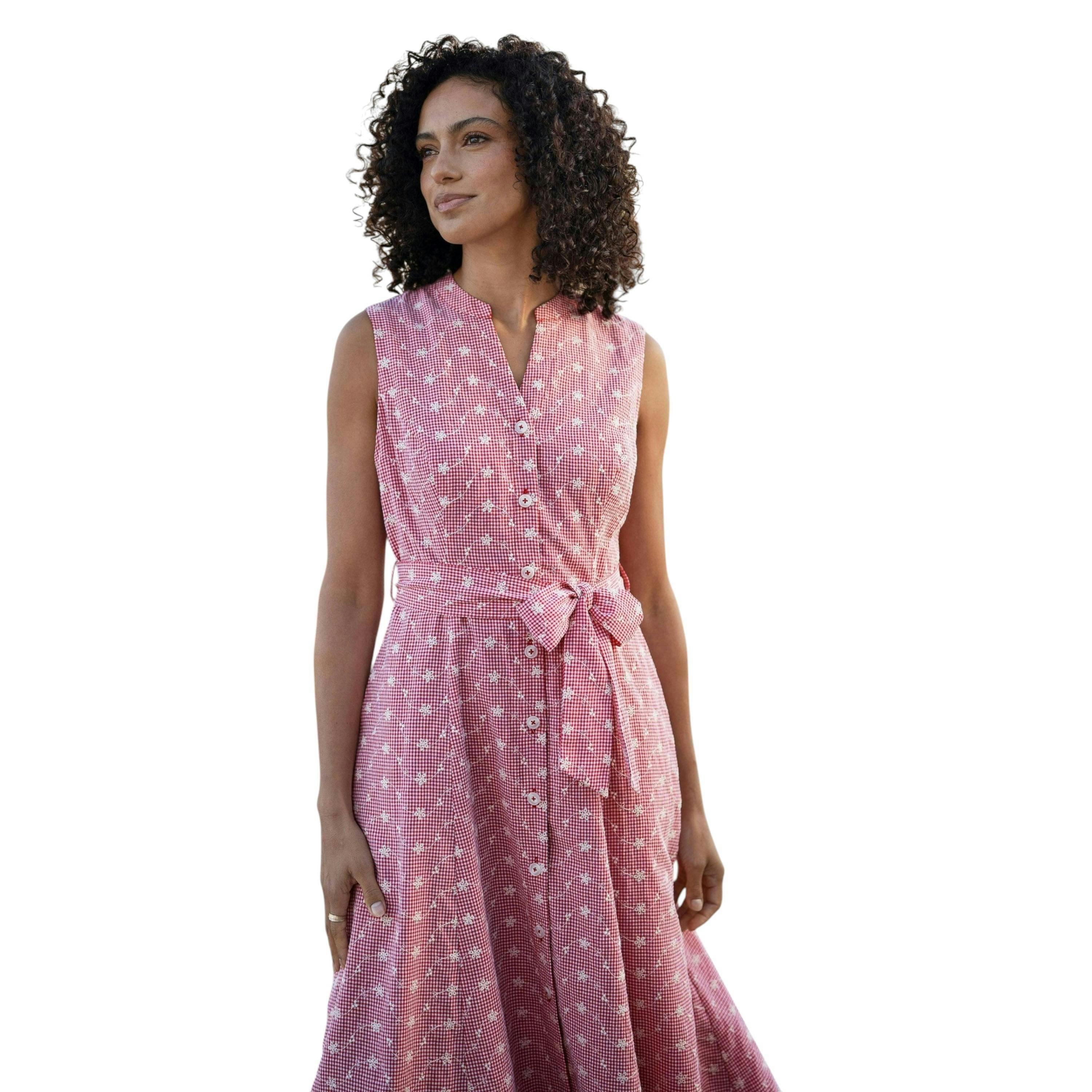 Yumi Red Broderie Anglaise Embroidered Sleeveless Shirt Dress , view 2 of 6