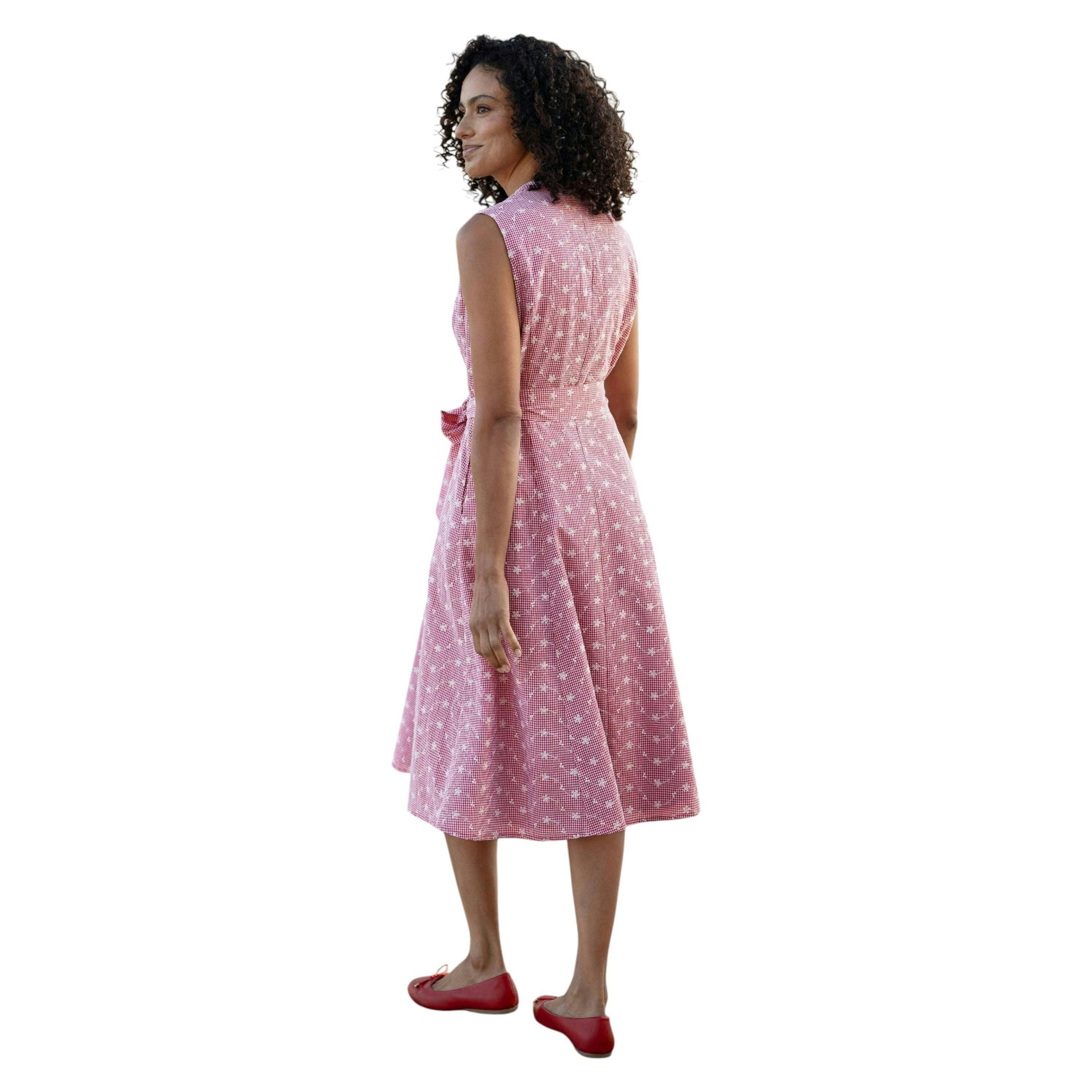 Yumi Red Broderie Anglaise Embroidered Sleeveless Shirt Dress , view 3 of 6