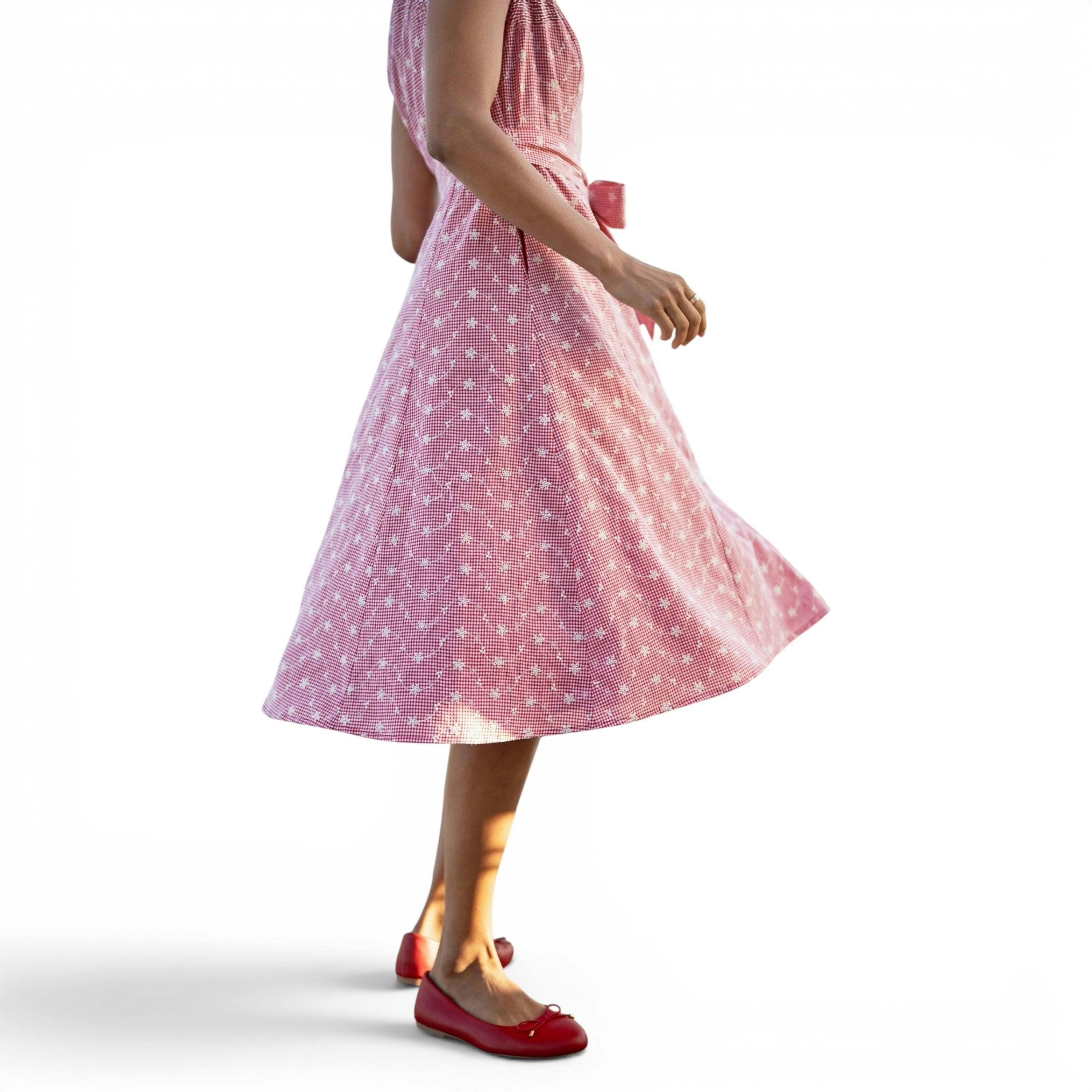 Yumi Red Broderie Anglaise Embroidered Sleeveless Shirt Dress , view 4 of 6