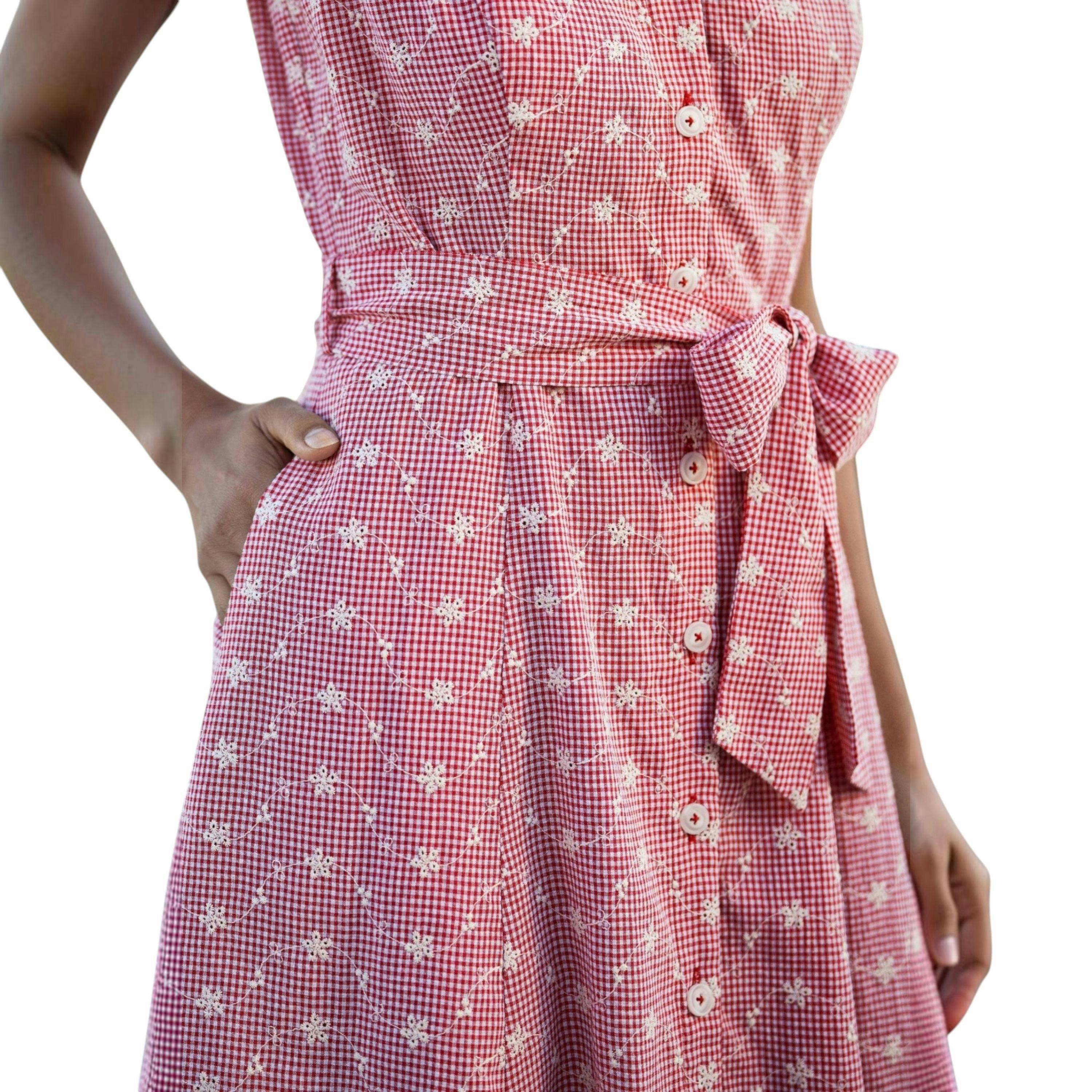 Yumi Red Broderie Anglaise Embroidered Sleeveless Shirt Dress , view 5 of 6