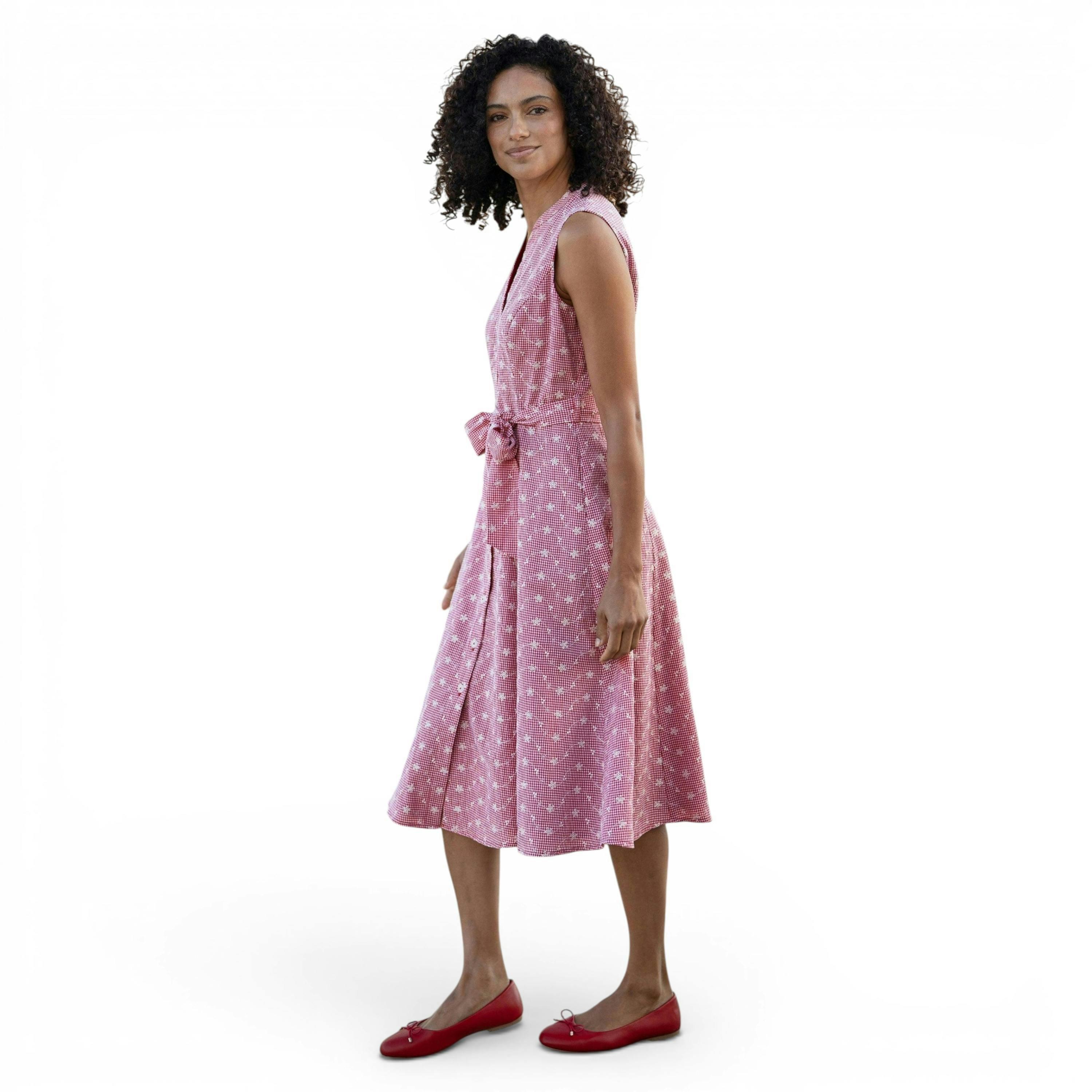 Yumi Red Broderie Anglaise Embroidered Sleeveless Shirt Dress , view 6 of 6