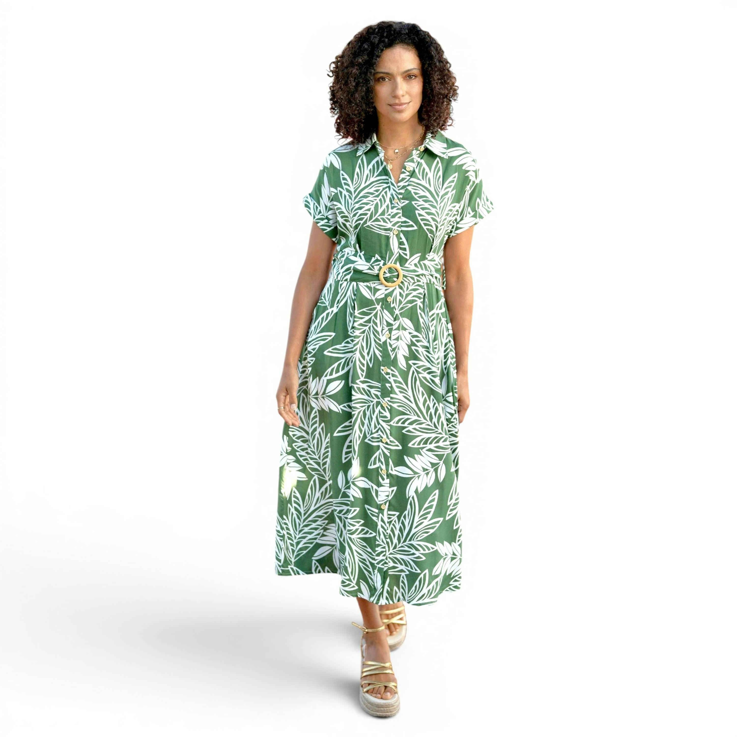 Yumi Green Leaf Print Viscose Relaxed Midi Shirt Dress , view 1 of 6