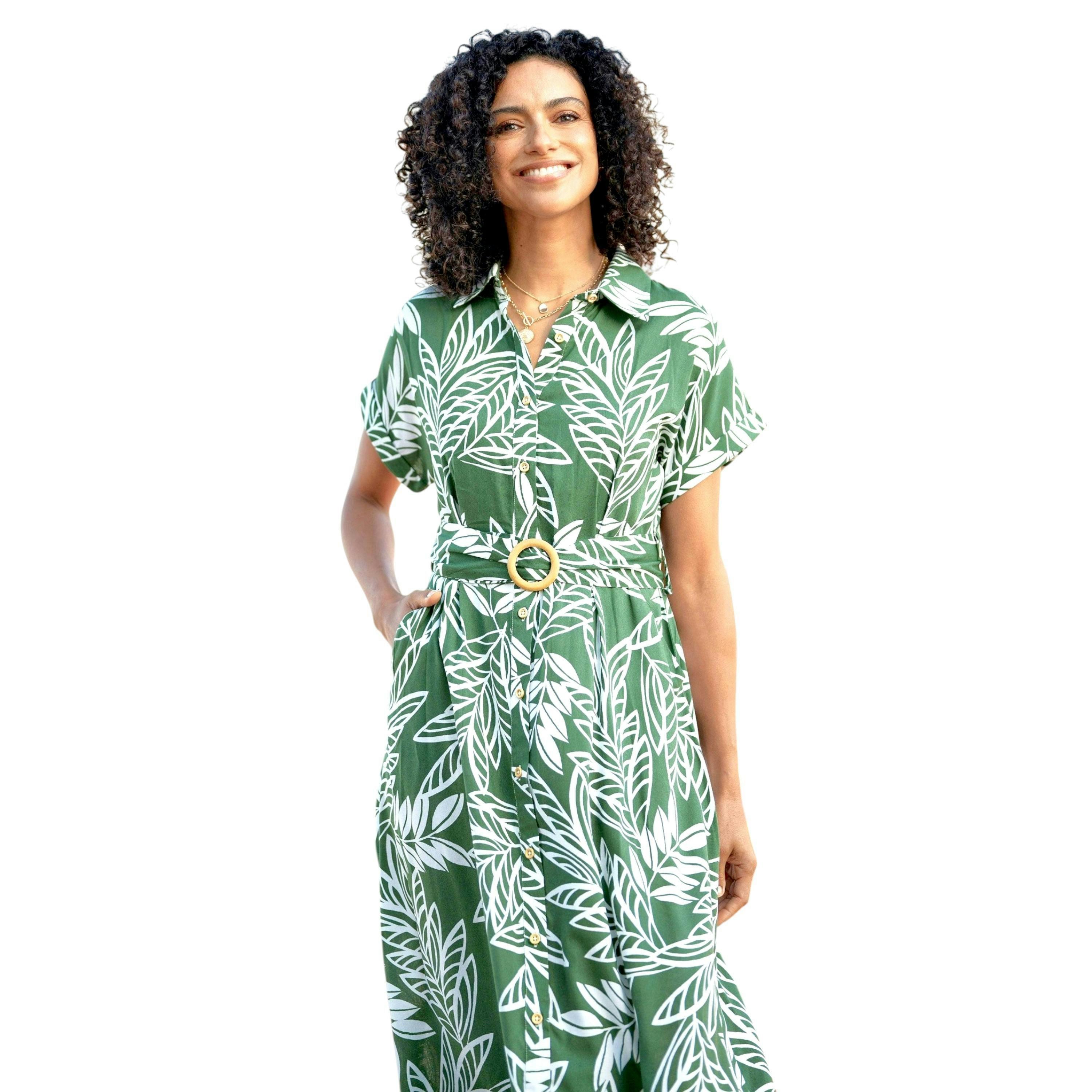 Yumi Green Leaf Print Viscose Relaxed Midi Shirt Dress , view 2 of 6