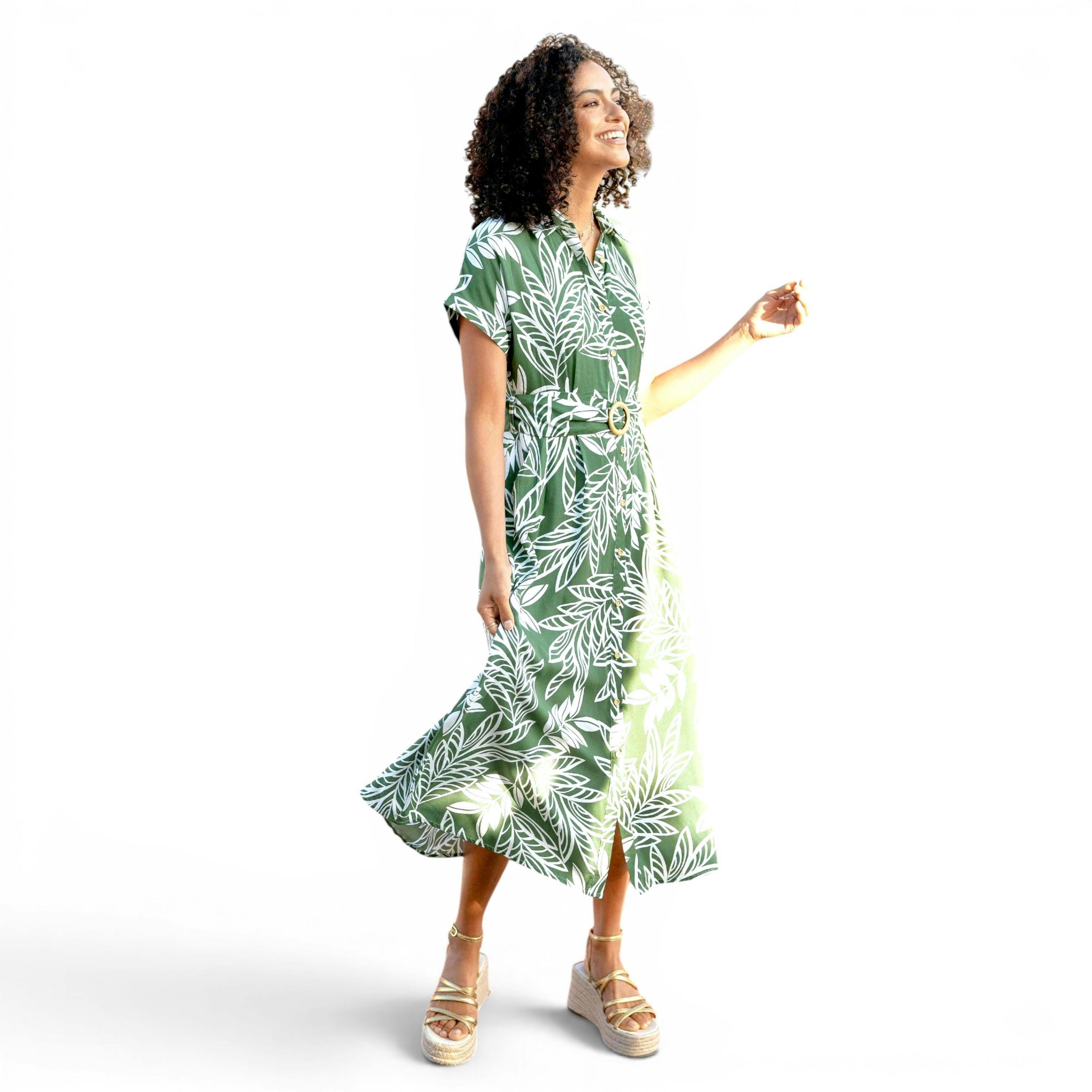 Yumi Green Leaf Print Viscose Relaxed Midi Shirt Dress , view 3 of 6