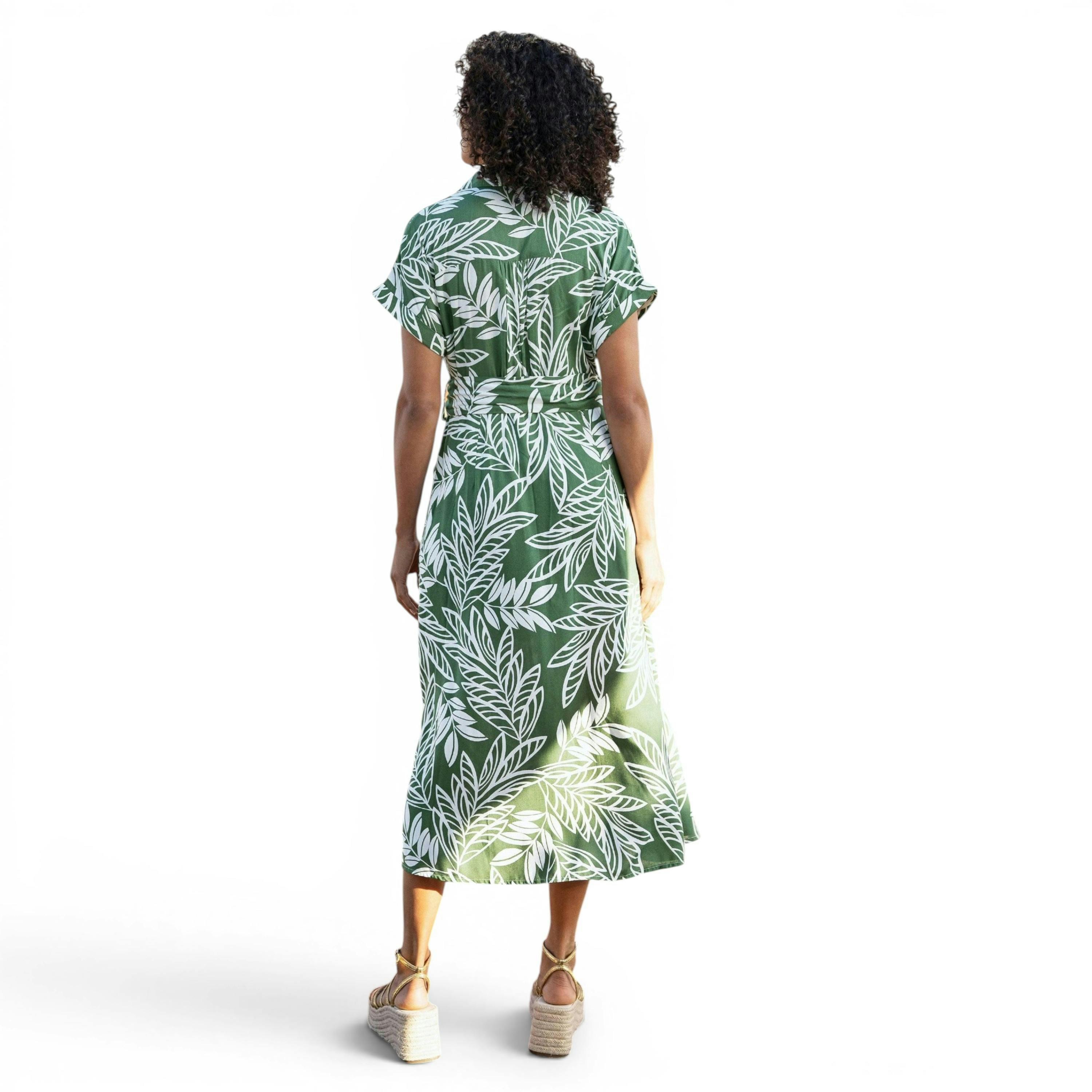 Yumi Green Leaf Print Viscose Relaxed Midi Shirt Dress , view 4 of 6
