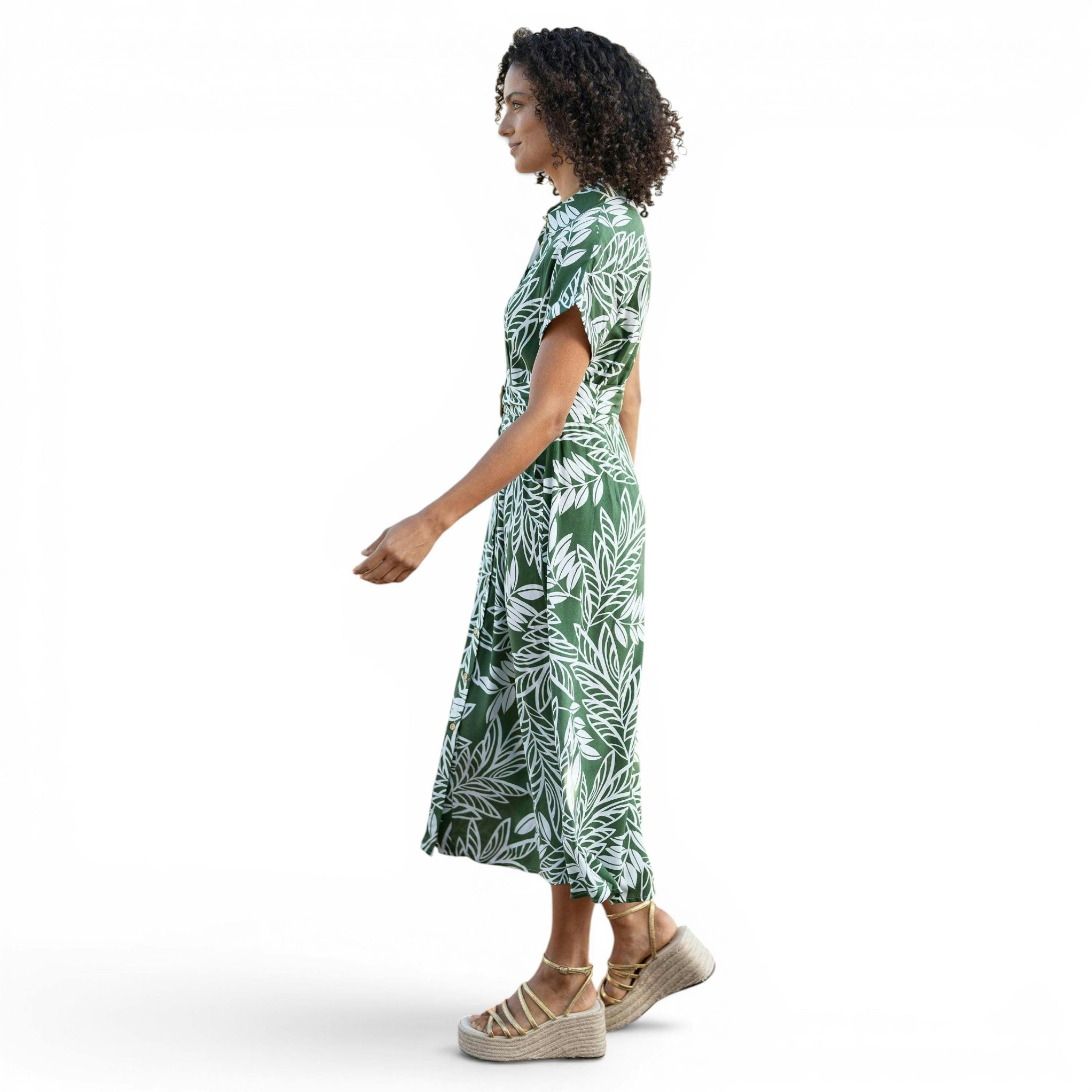 Yumi Green Leaf Print Viscose Relaxed Midi Shirt Dress , view 5 of 6