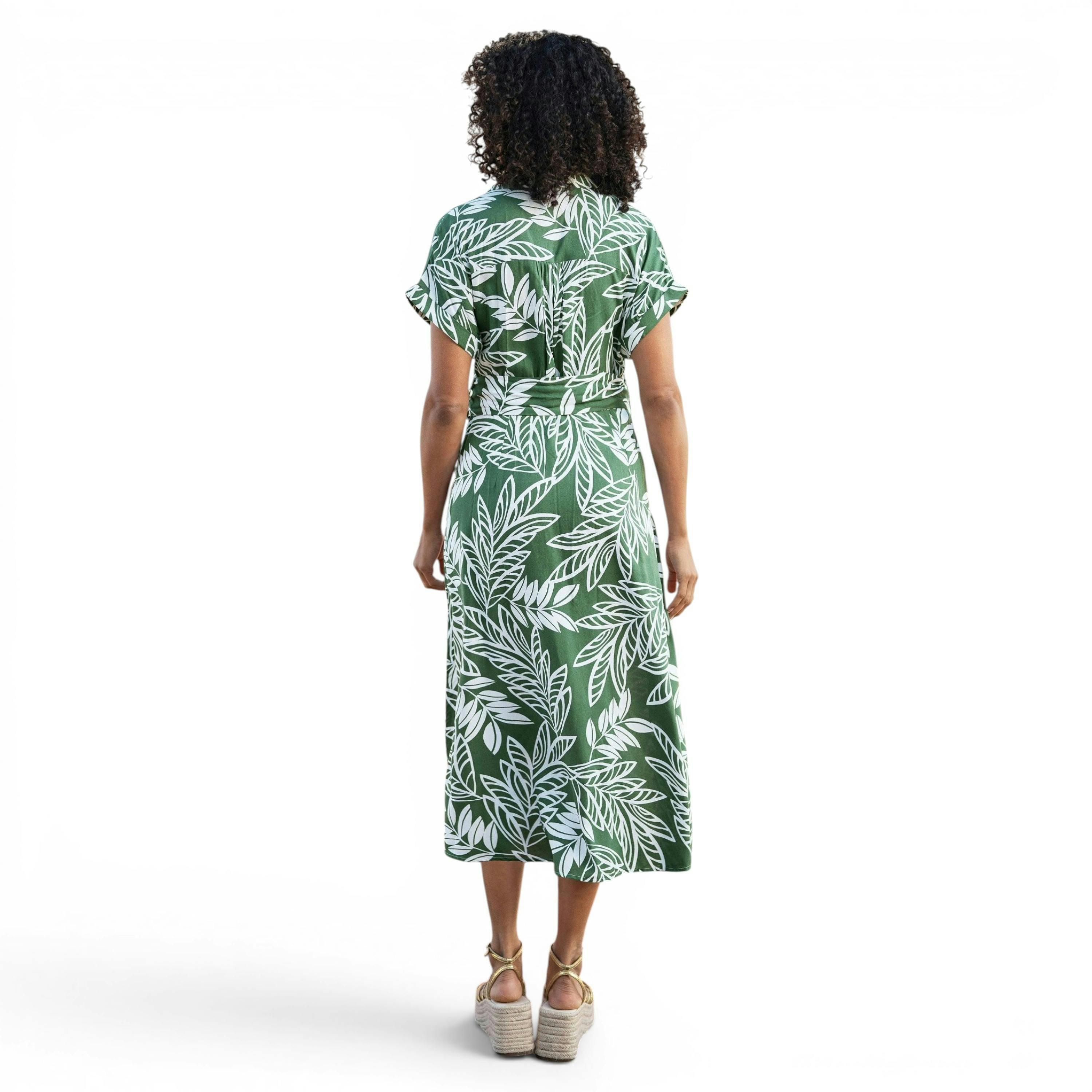 Yumi Green Leaf Print Viscose Relaxed Midi Shirt Dress , view 6 of 6