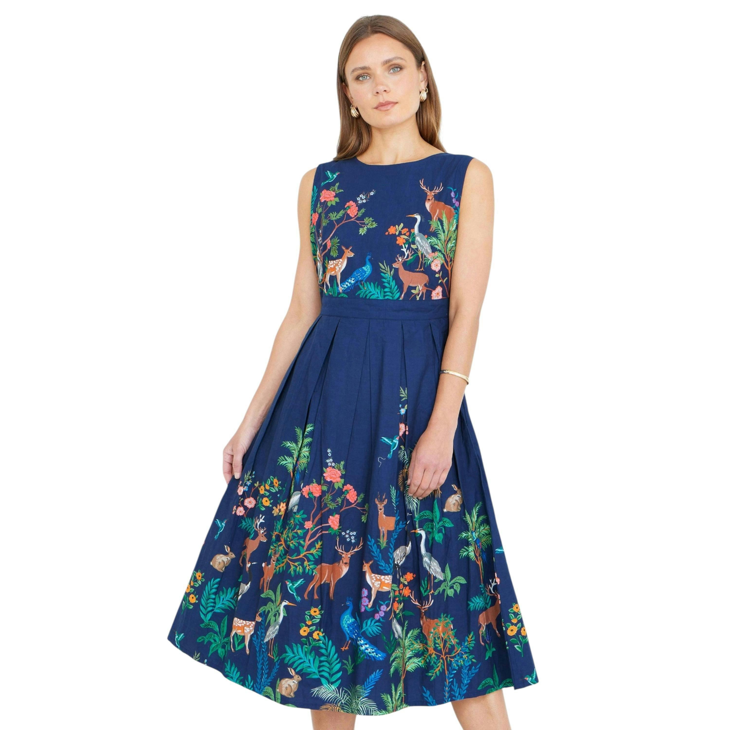Yumi Navy Woodland Animal Print Cotton Midi Skater Dress , view 1 of 6