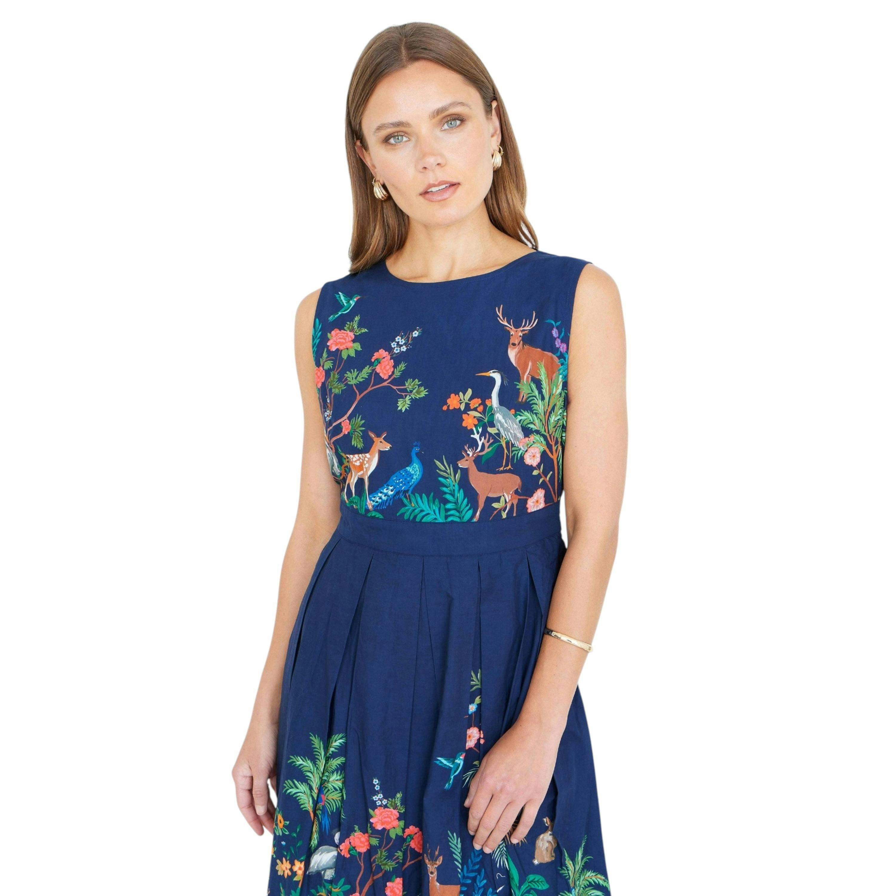 Yumi Navy Woodland Animal Print Cotton Midi Skater Dress , view 2 of 6